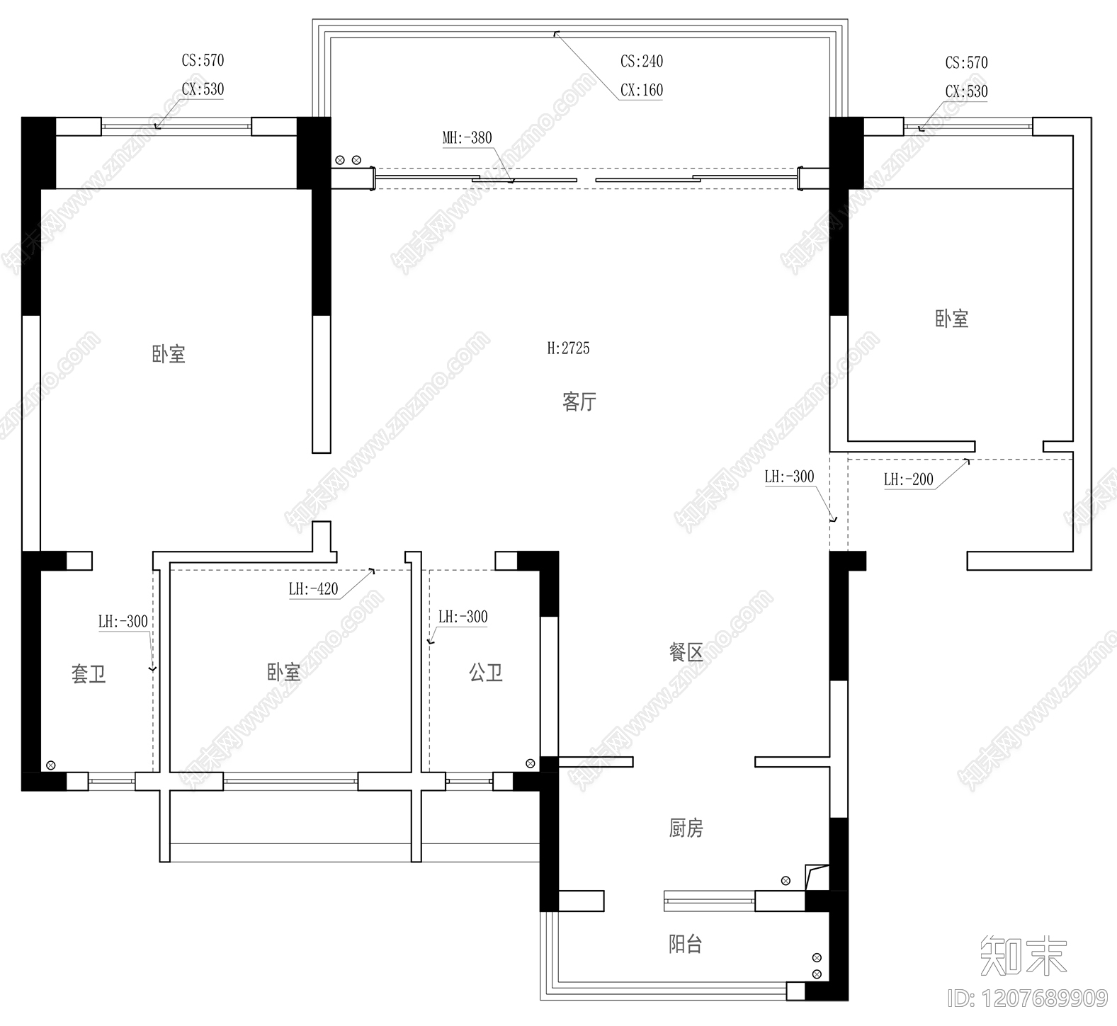 小户型平层cad施工图下载【ID:1207689909】