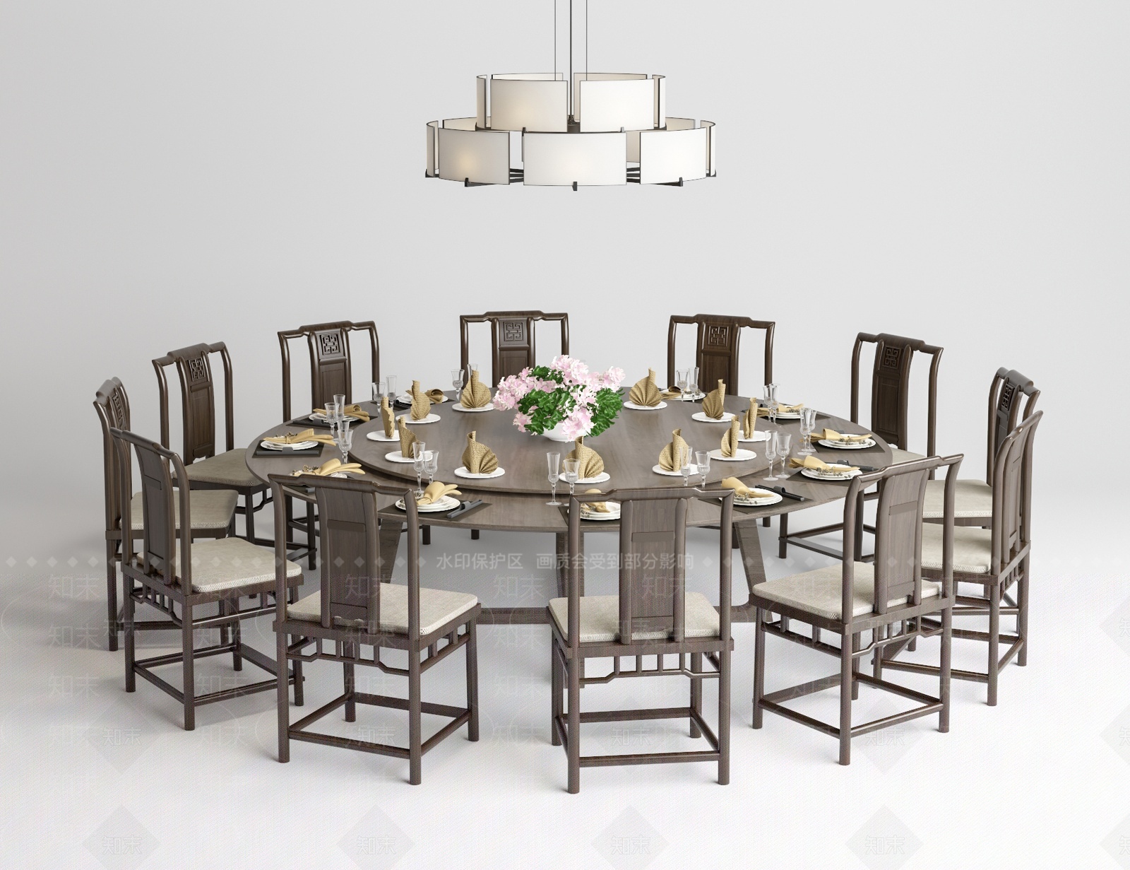 新中式圆形餐桌椅SU模型下载【ID:1207691064】