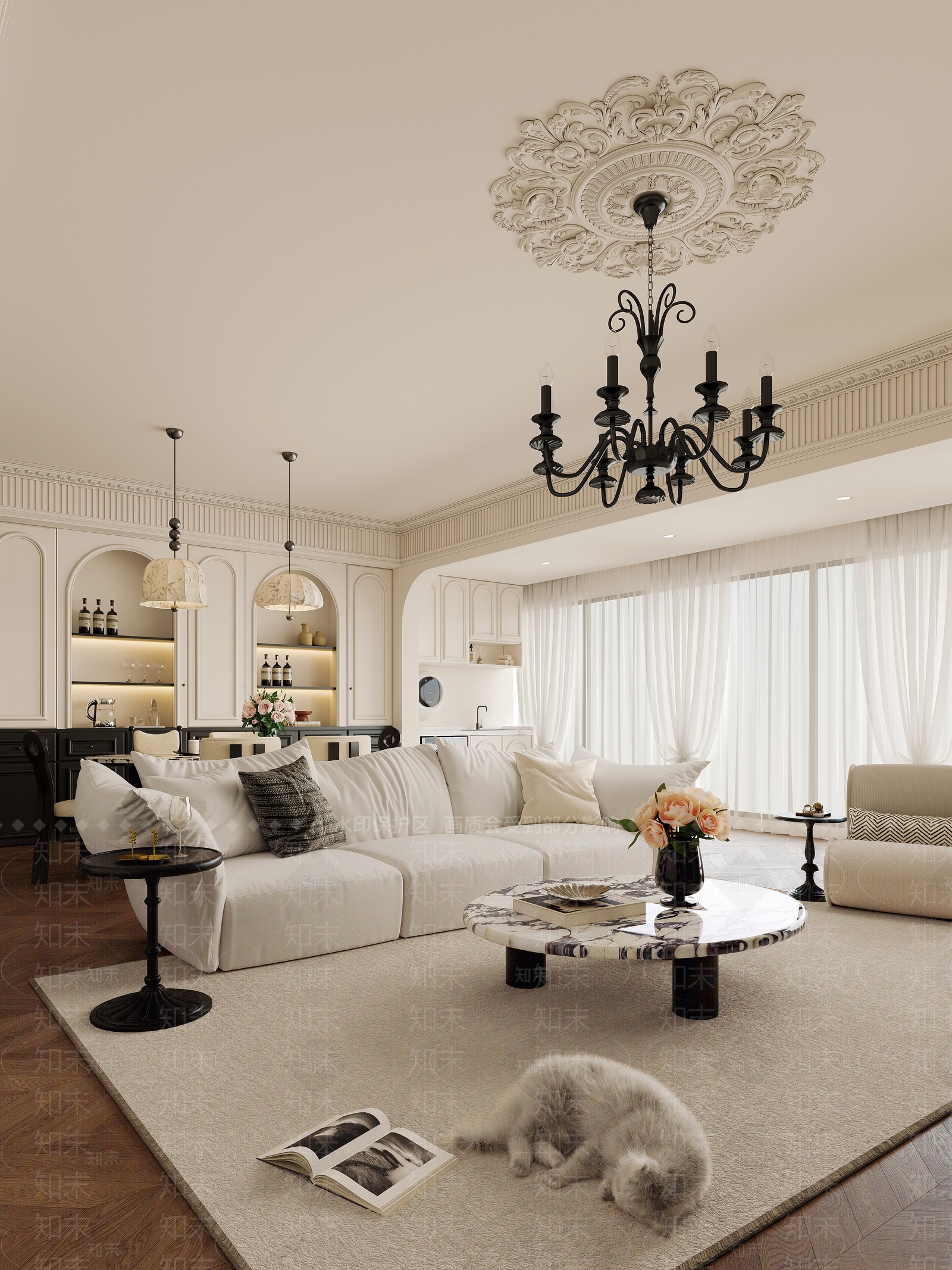法式奶油家居客厅3D模型下载【ID:1207691311】