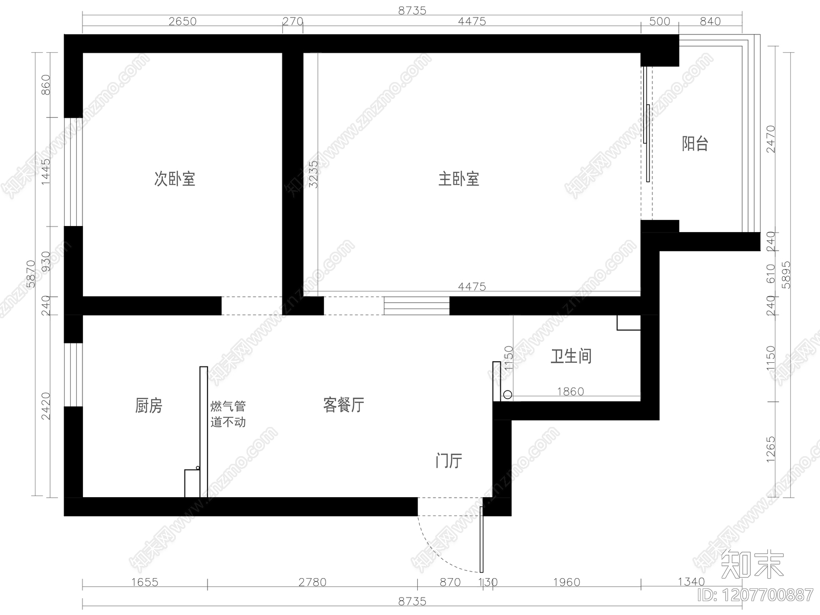 小户型平层cad施工图下载【ID:1207700887】