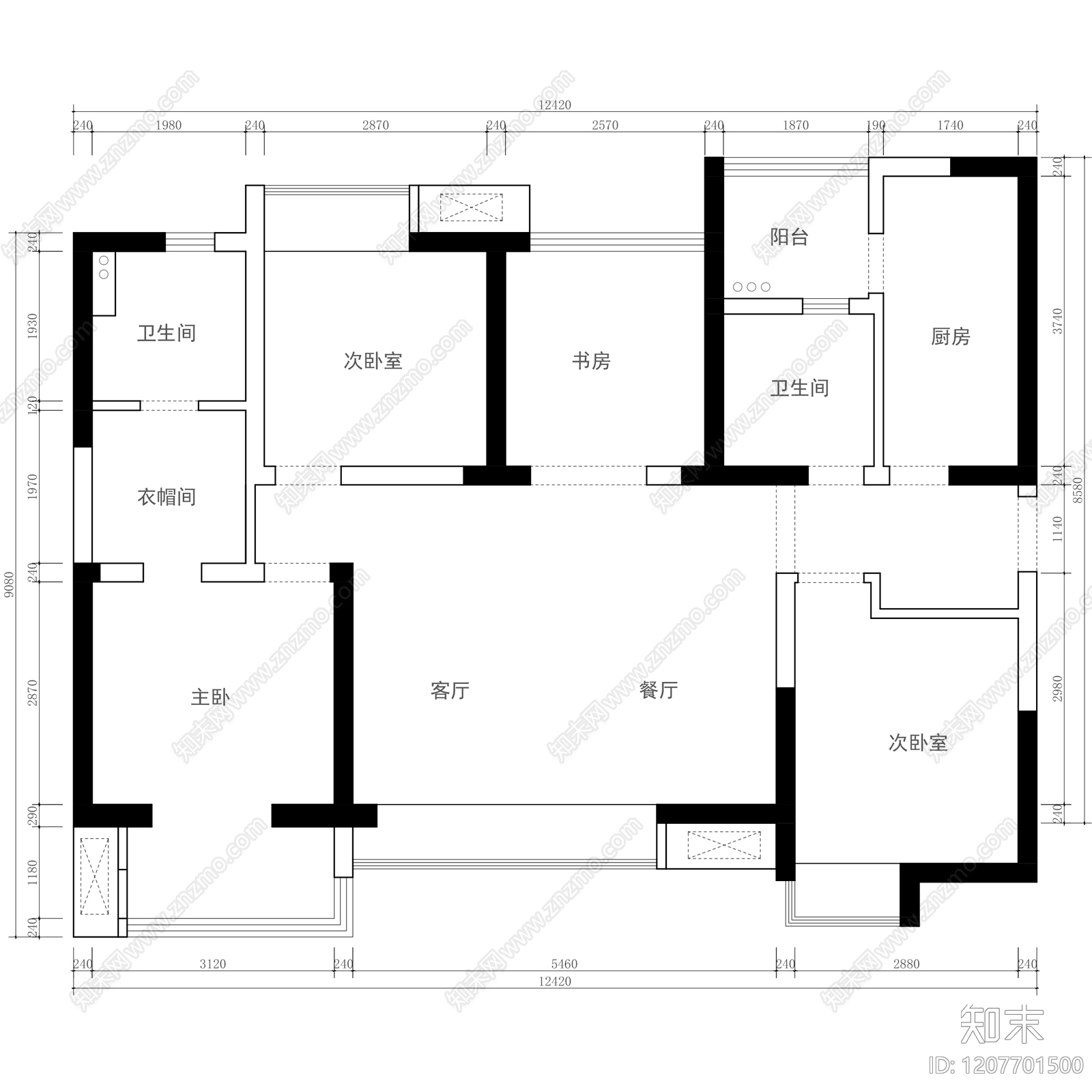 小户型平层cad施工图下载【ID:1207701500】
