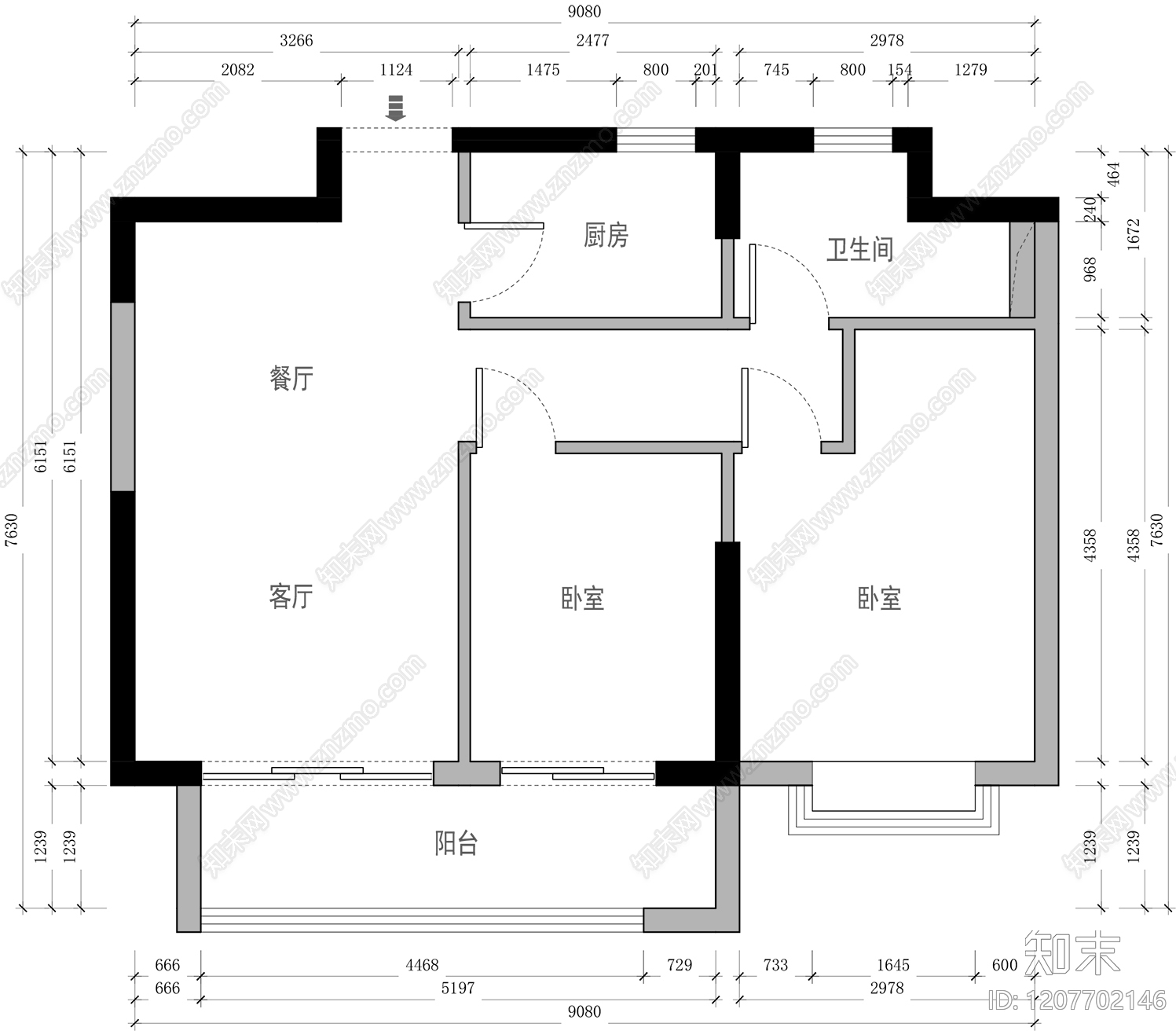 小户型平层cad施工图下载【ID:1207702146】