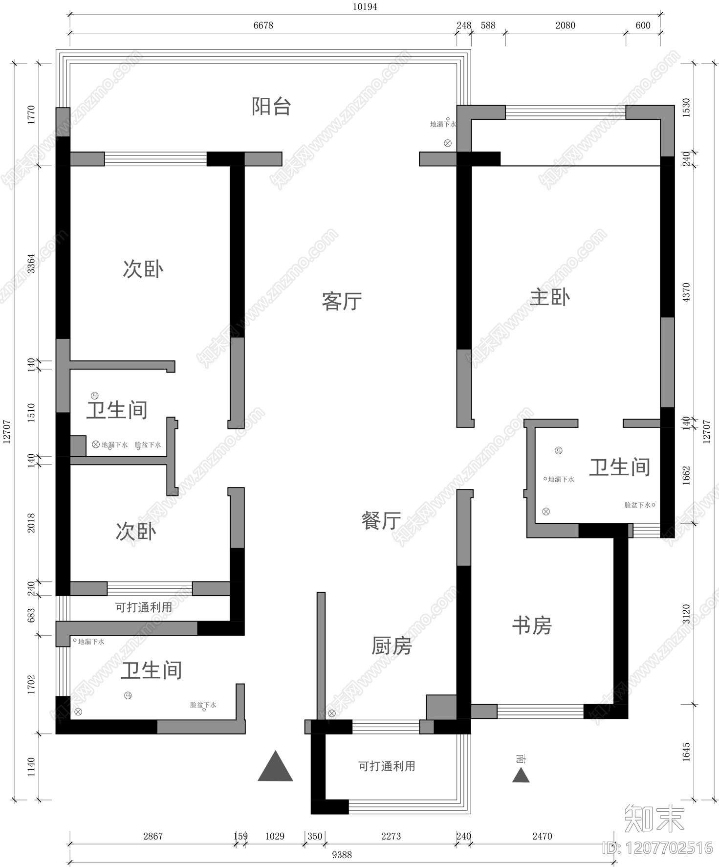 小户型平层cad施工图下载【ID:1207702516】