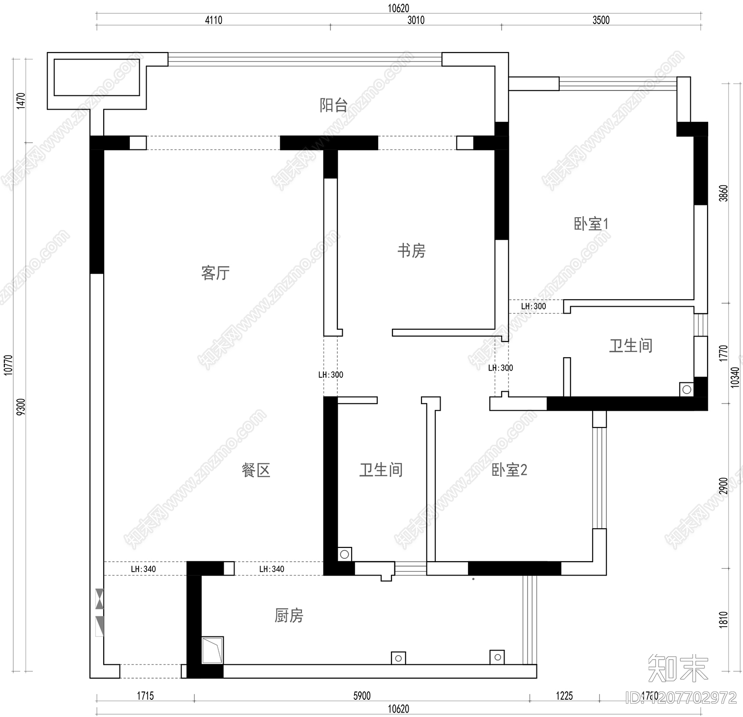 小户型平层cad施工图下载【ID:1207702972】