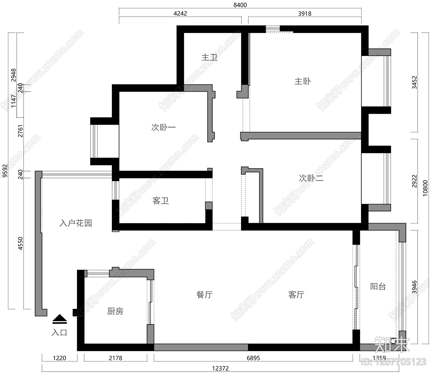 小户型平层cad施工图下载【ID:1207705123】