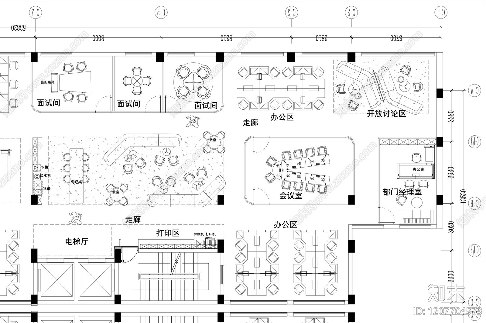 现代开放办公室cad施工图下载【ID:1207704573】