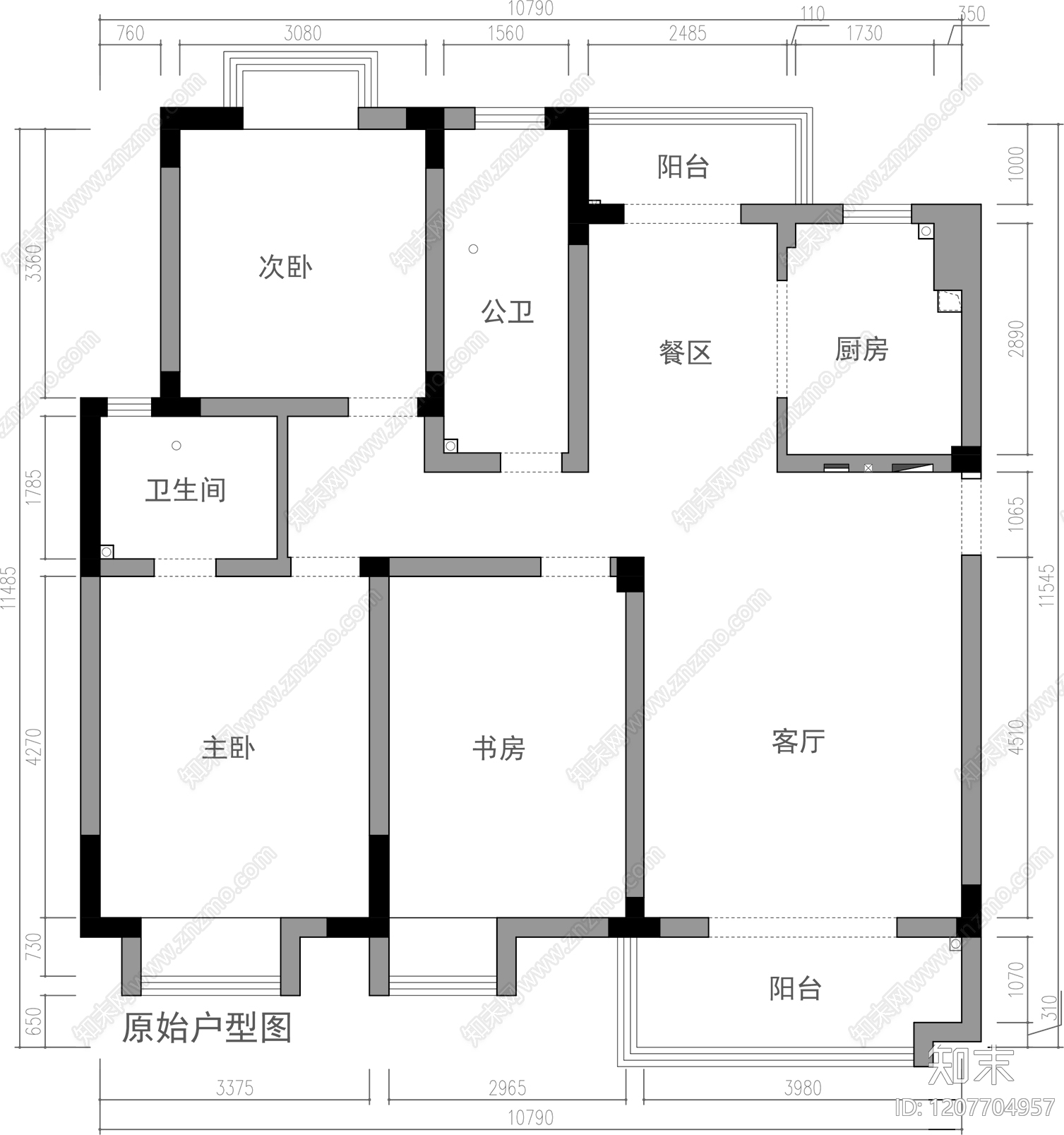 小户型平层cad施工图下载【ID:1207704957】