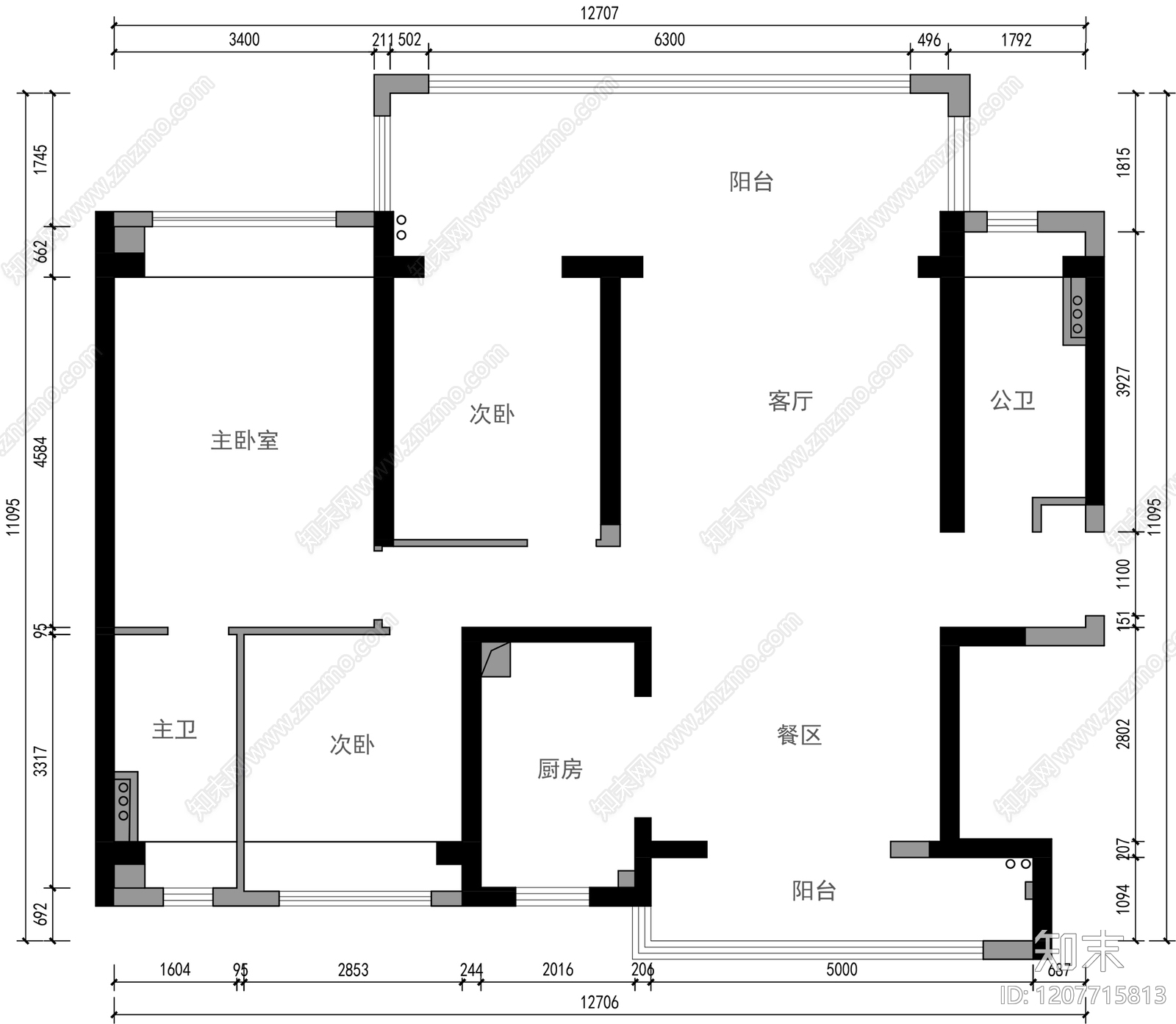 小户型平层cad施工图下载【ID:1207715813】