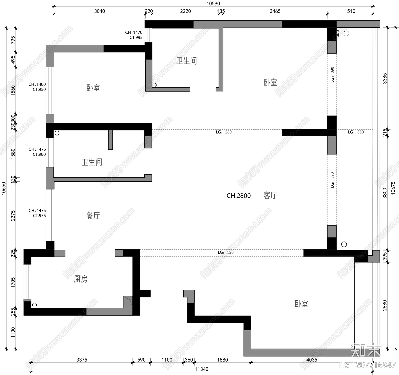 小户型平层cad施工图下载【ID:1207716347】
