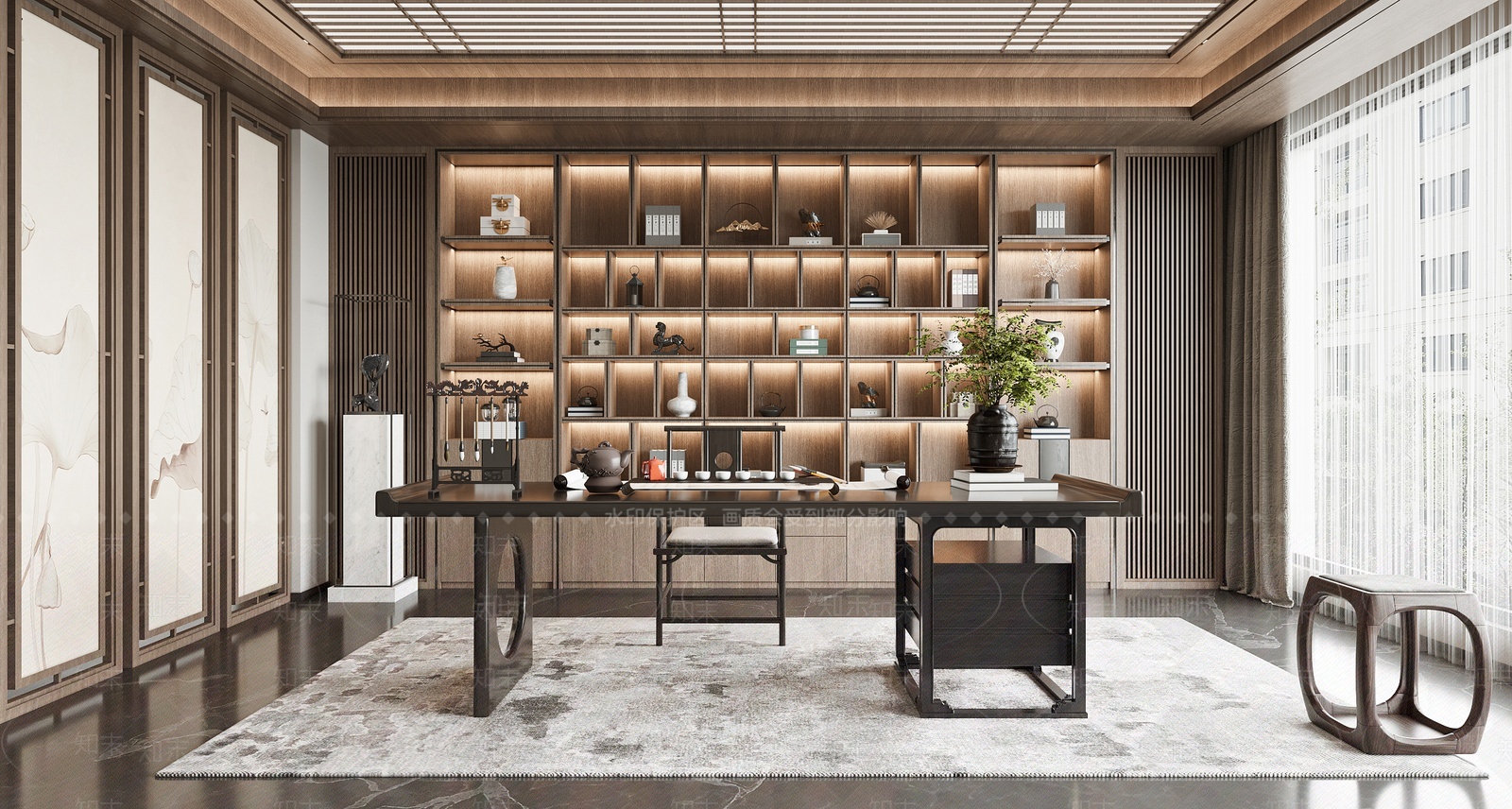 新中式书房书桌3D模型下载【ID:1207717479】