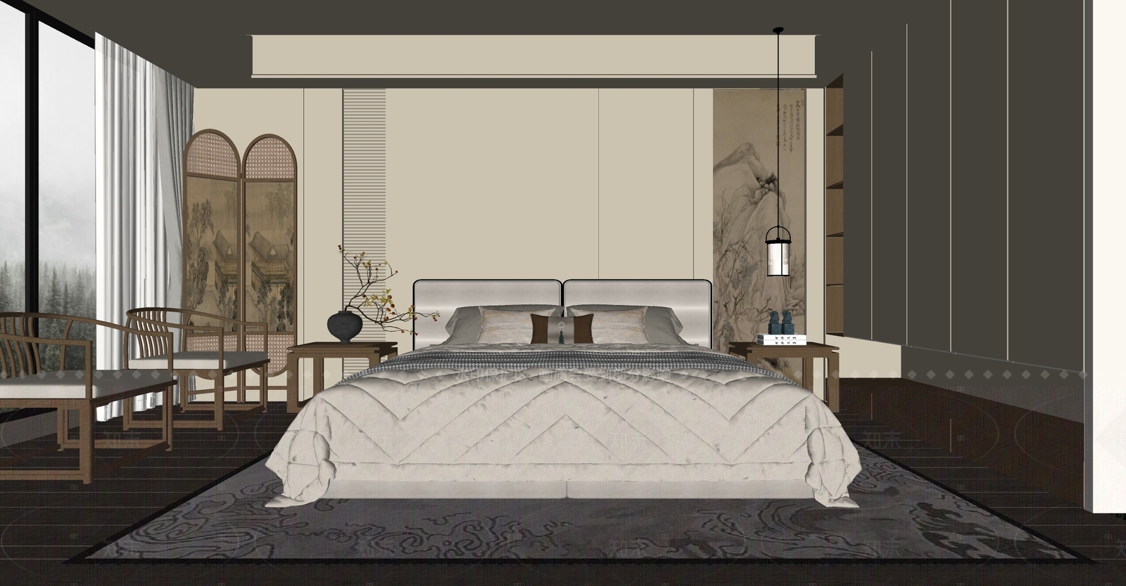 新中式中式家居卧室SU模型下载【ID:1207724063】