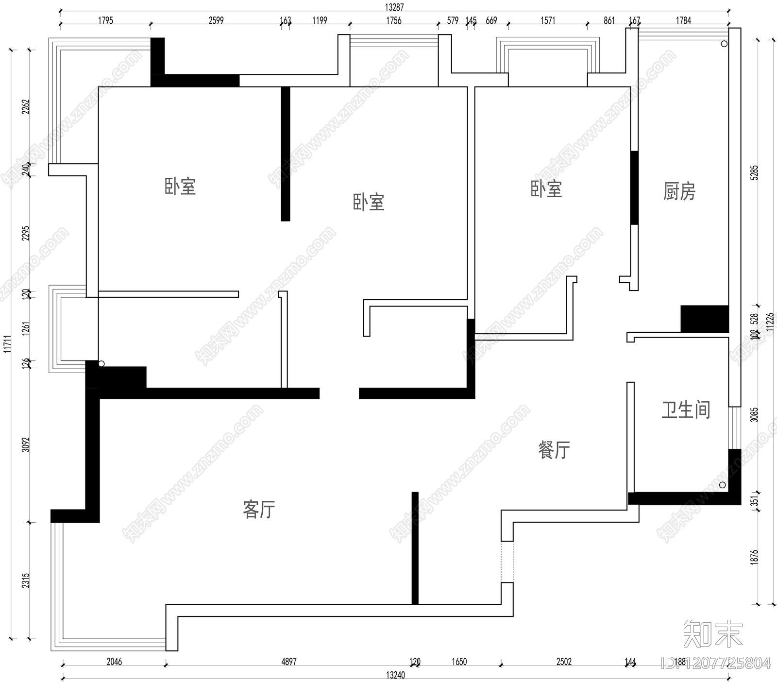 小户型平层cad施工图下载【ID:1207725804】