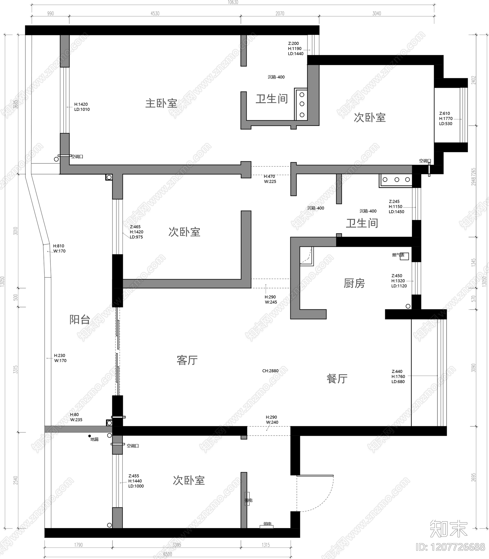 小户型平层cad施工图下载【ID:1207726688】