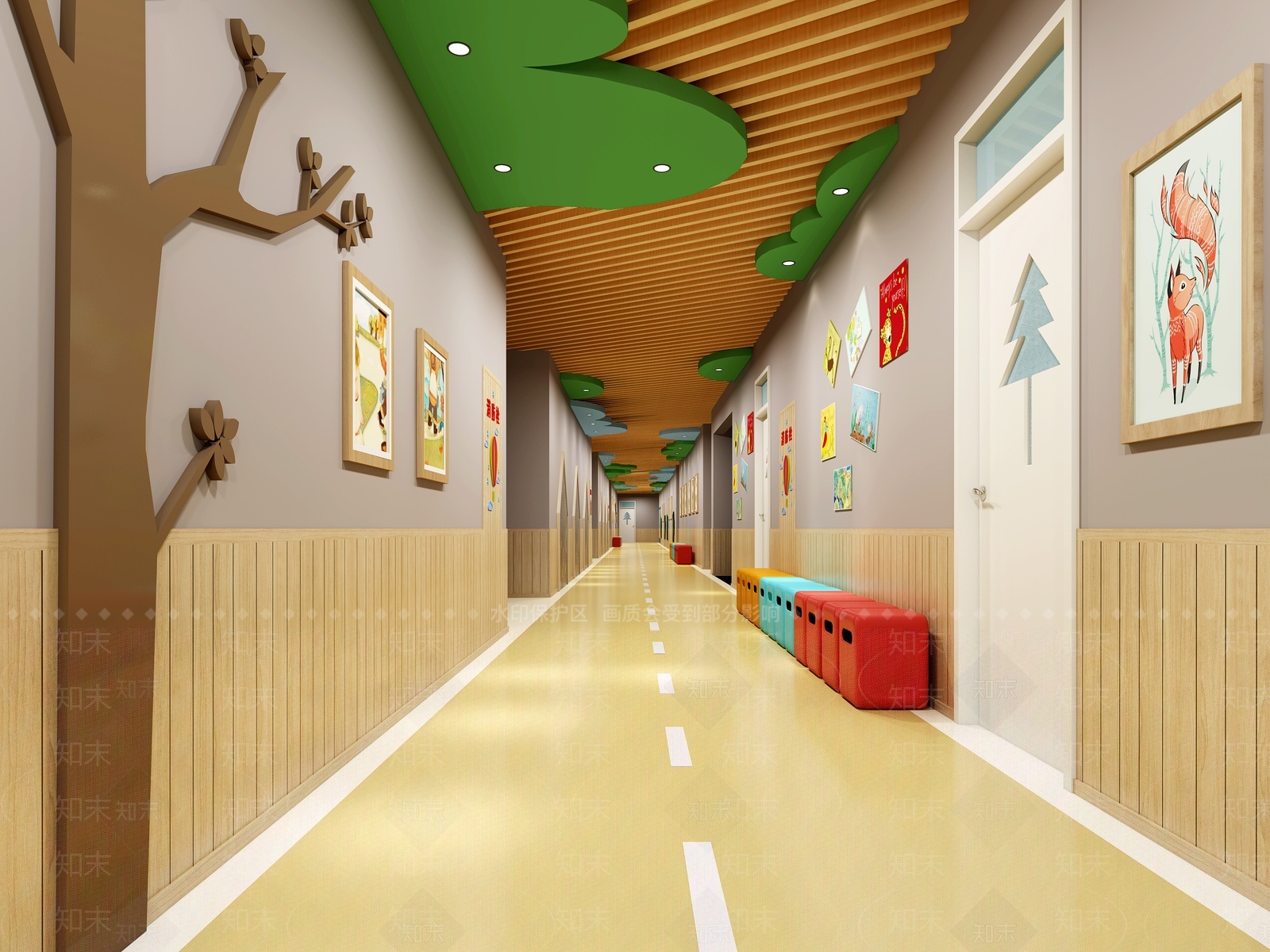 现代幼儿园走廊3D模型下载【ID:1207742811】