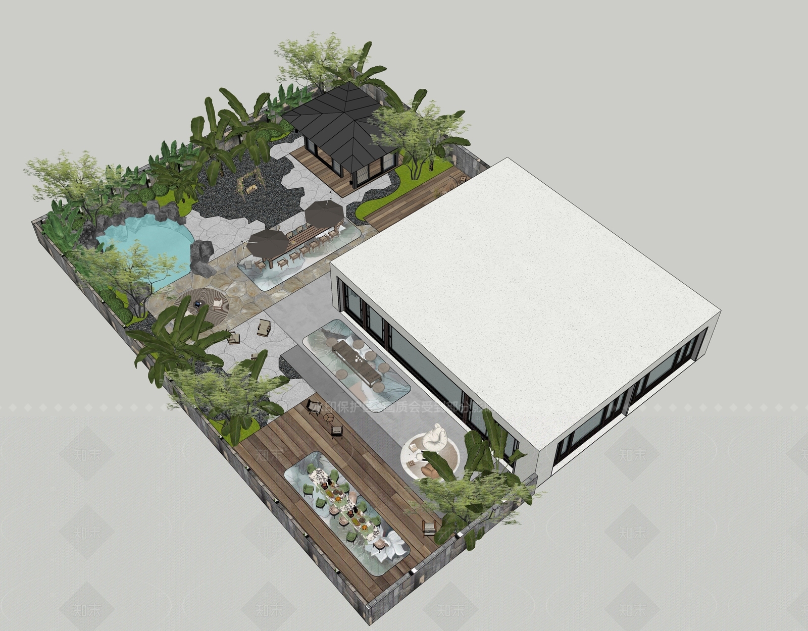现代新中式别墅庭院SU模型下载【ID:1207743669】