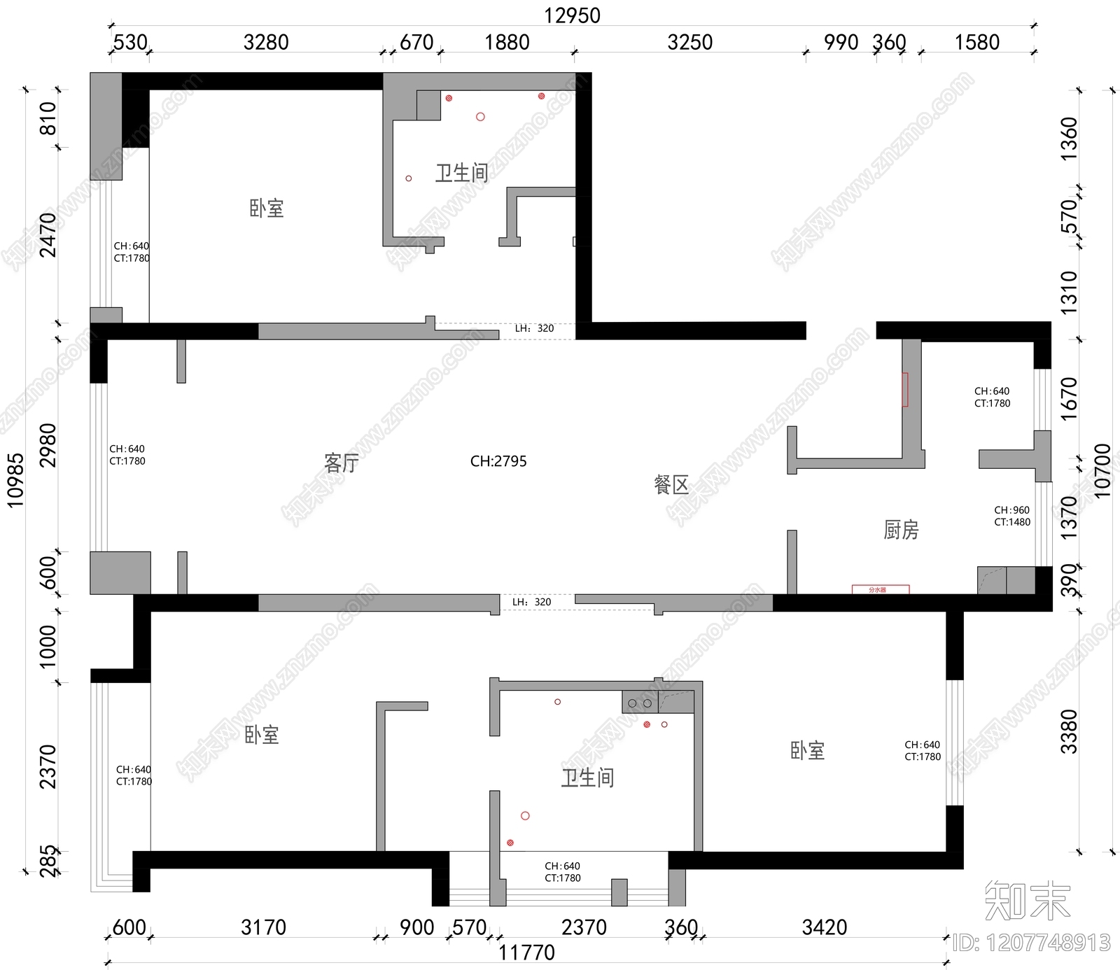 小户型平层cad施工图下载【ID:1207748913】