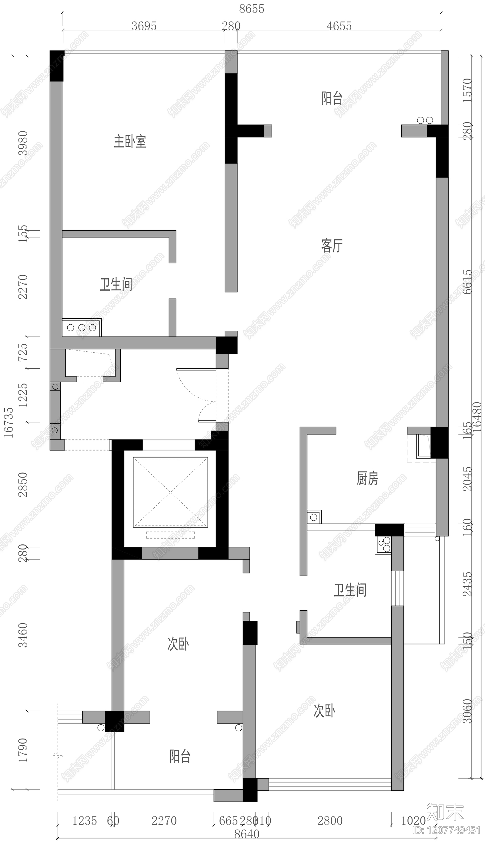 小户型平层cad施工图下载【ID:1207749451】