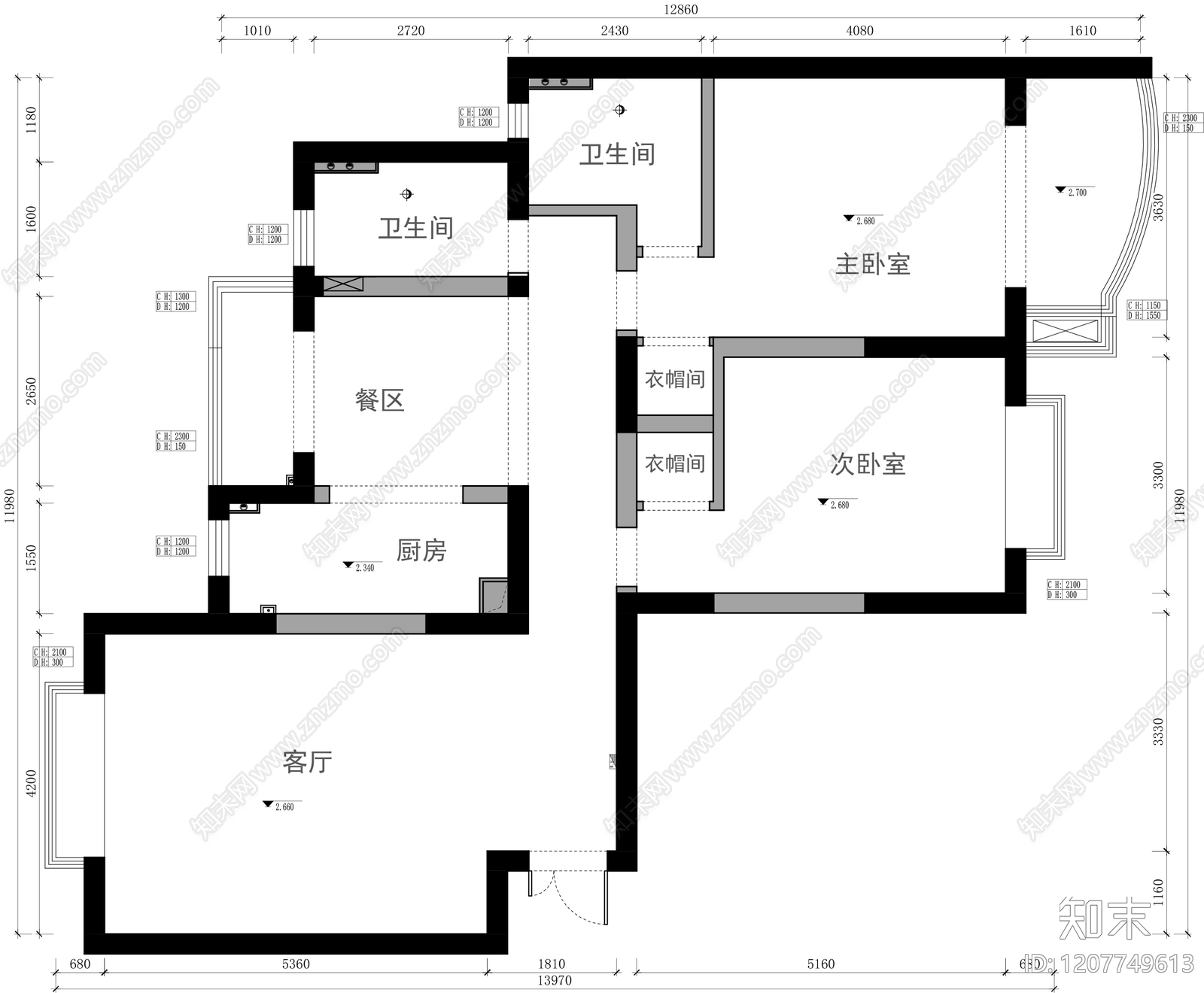 小户型平层cad施工图下载【ID:1207749613】