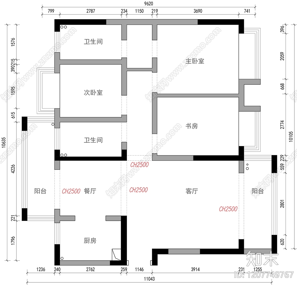 小户型平层cad施工图下载【ID:1207749767】