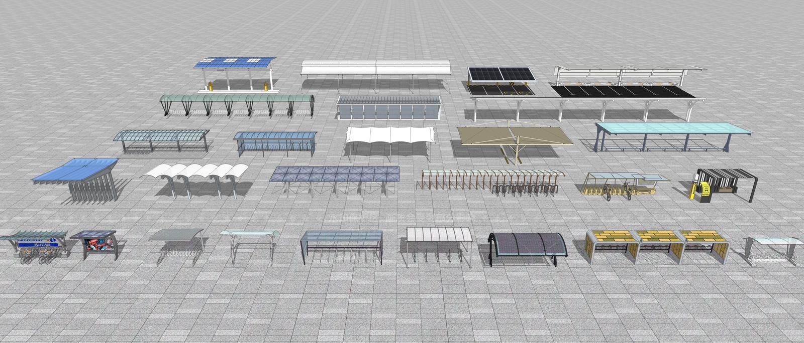 现代电动车自行车停车棚SU模型下载【ID:1207750982】