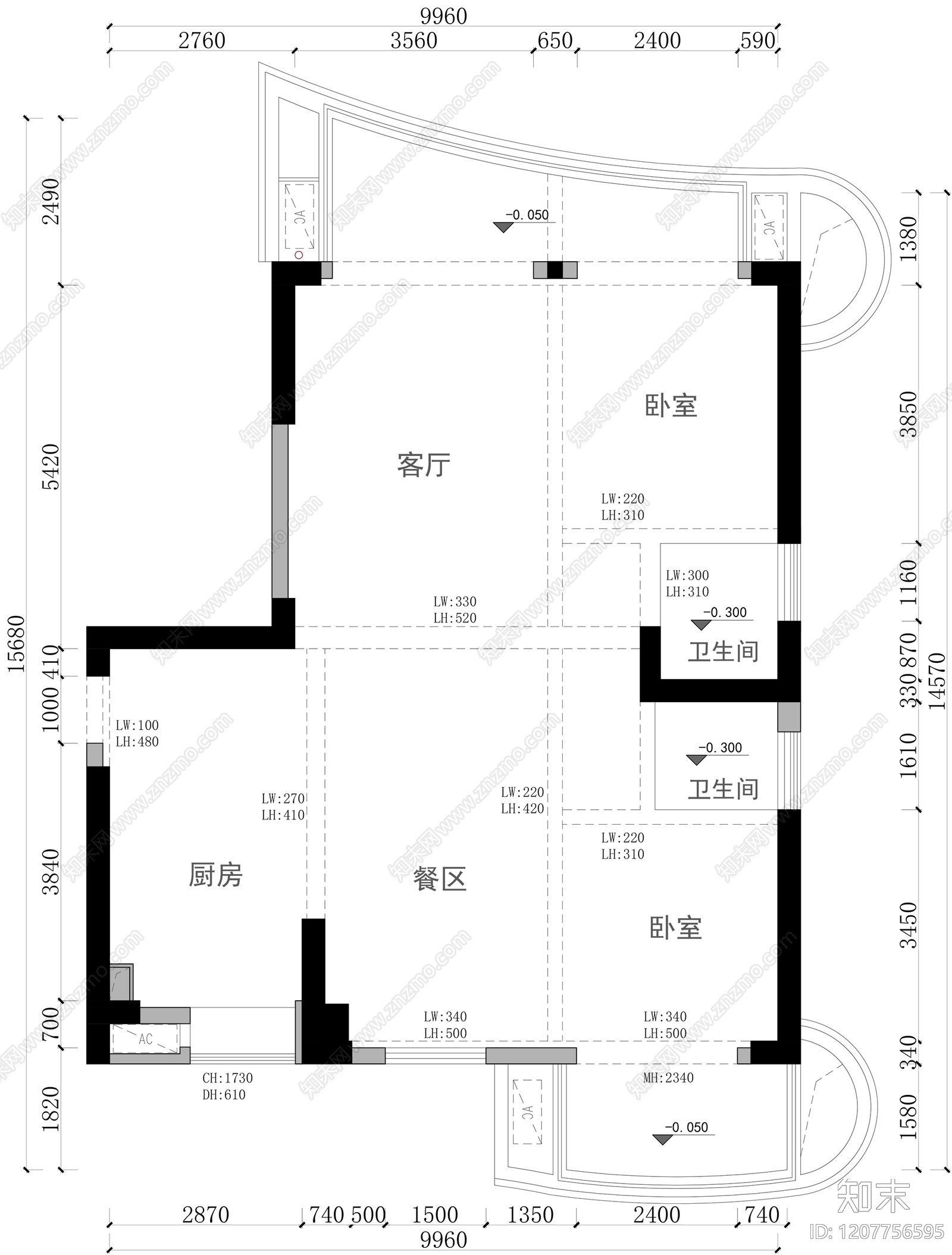 小户型平层cad施工图下载【ID:1207756595】