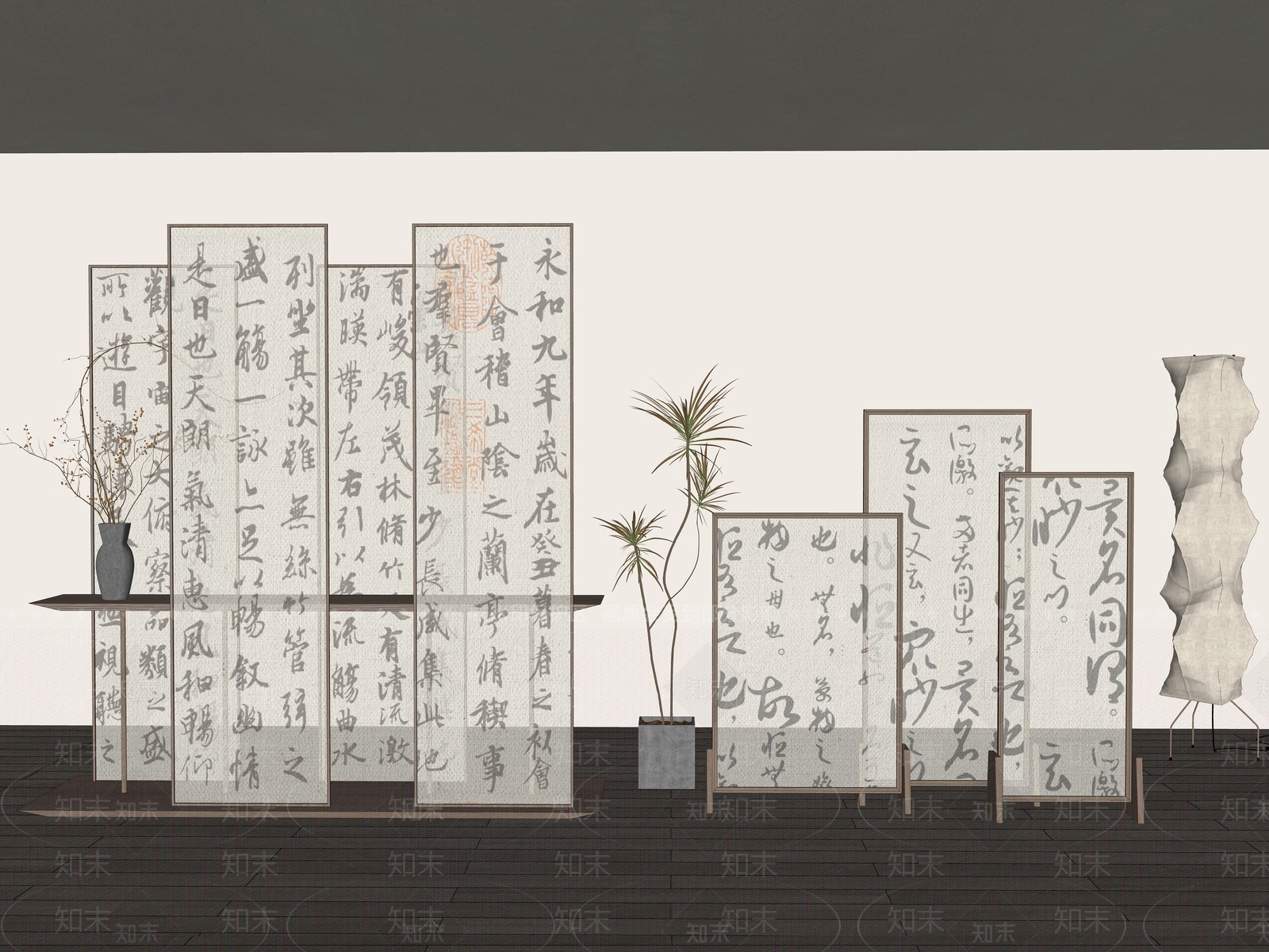 新中式书法屏风SU模型下载【ID:1207768587】