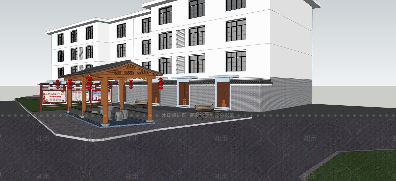 新中式现代廊架空间SU模型下载【ID:1207990011】