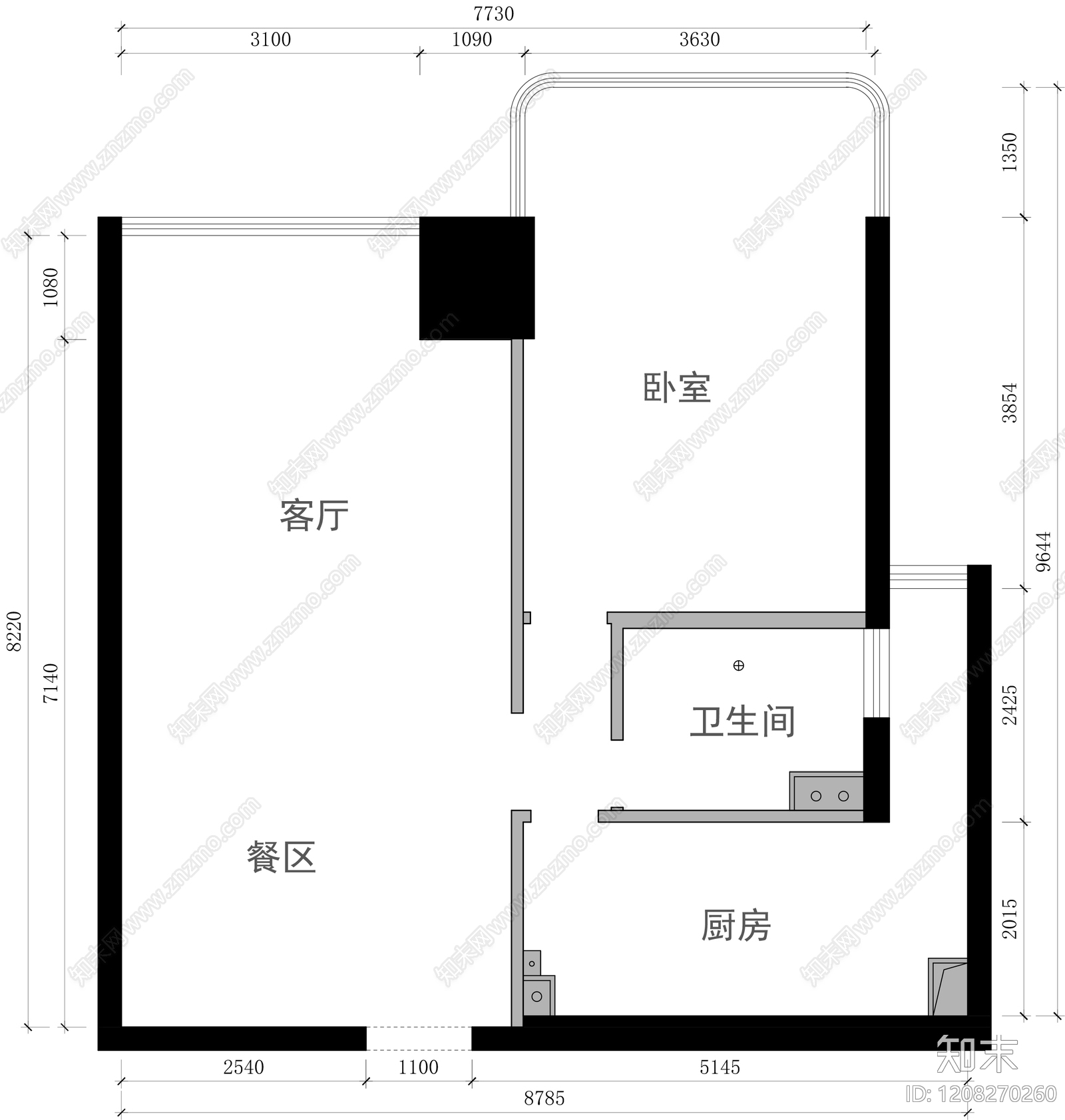 小户型平层cad施工图下载【ID:1208270260】