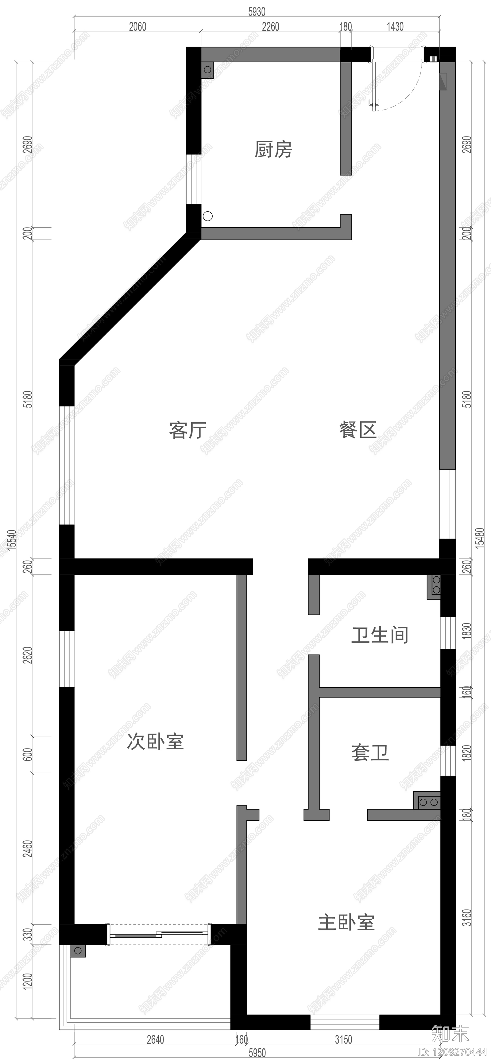 小户型平层cad施工图下载【ID:1208270444】