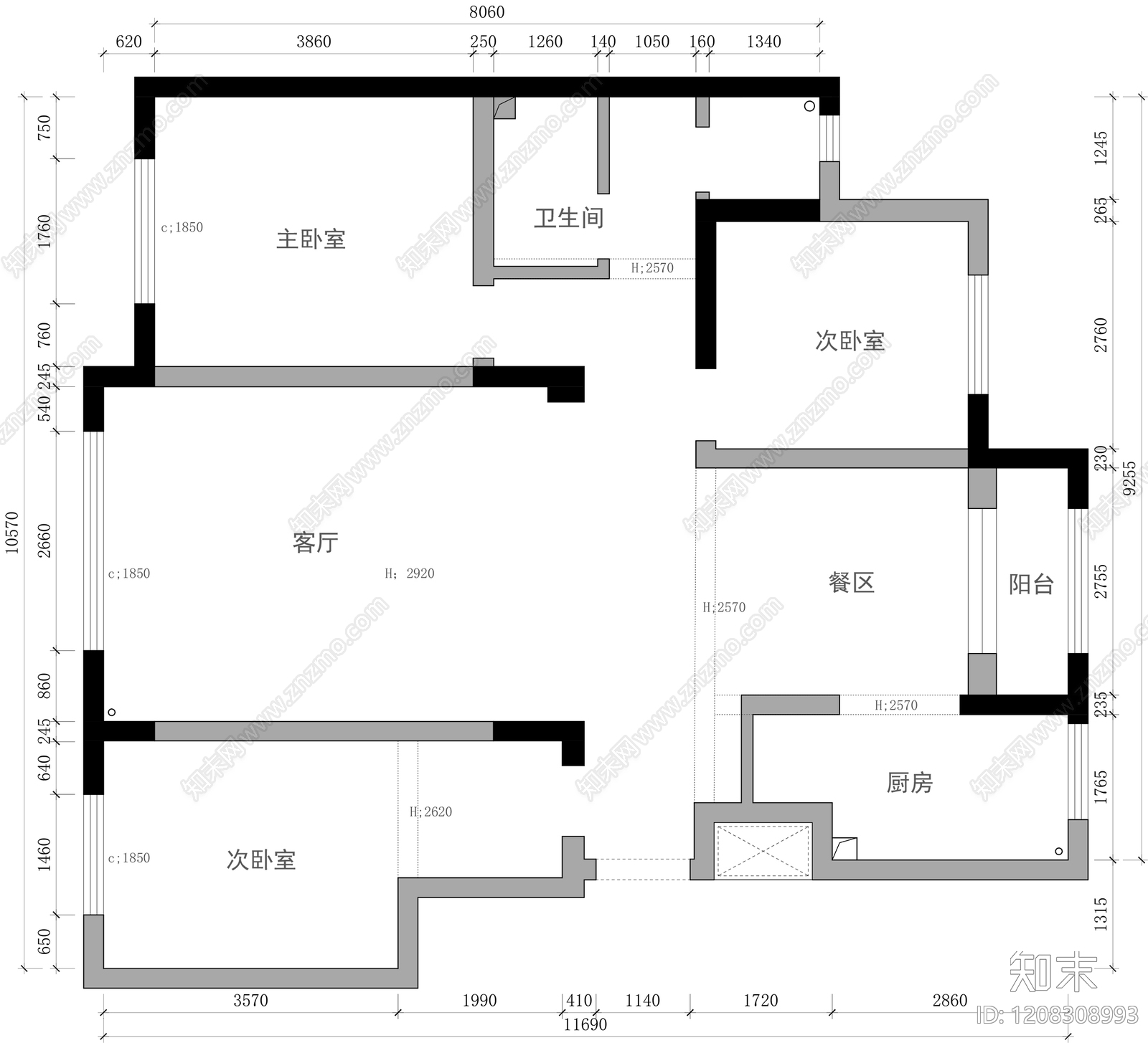 小户型平层cad施工图下载【ID:1208308993】