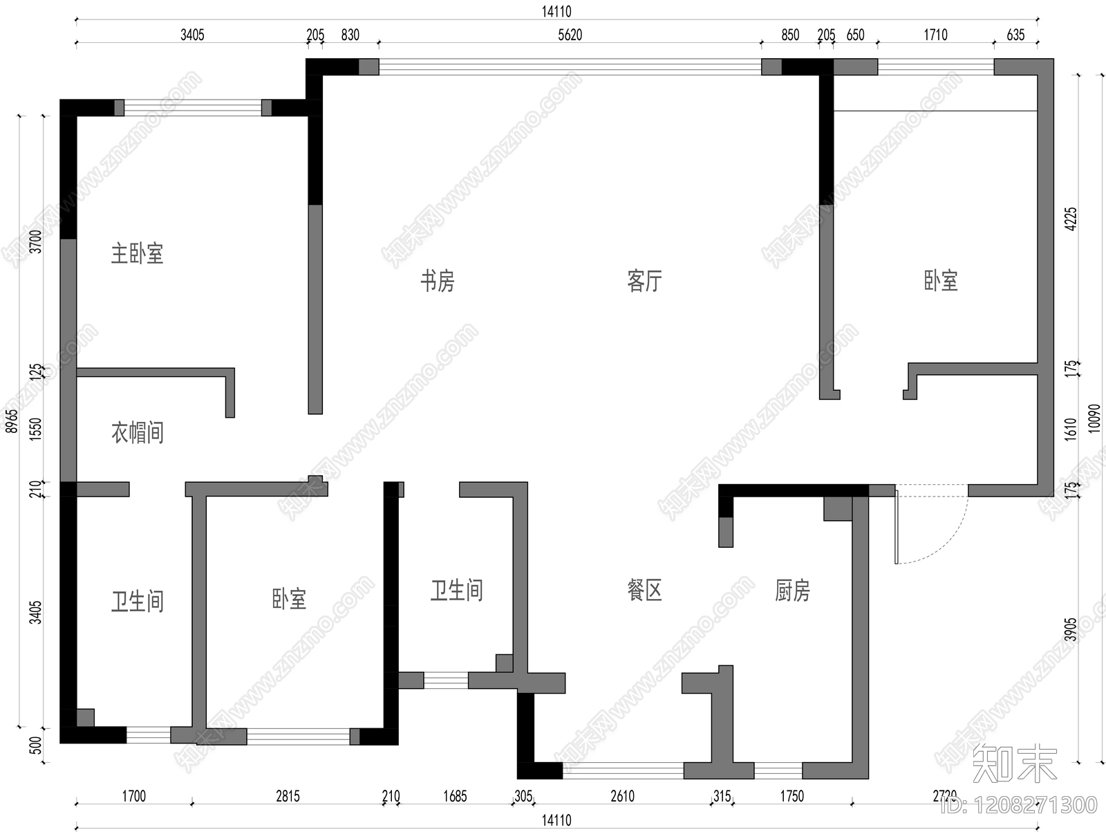 小户型平层cad施工图下载【ID:1208271300】