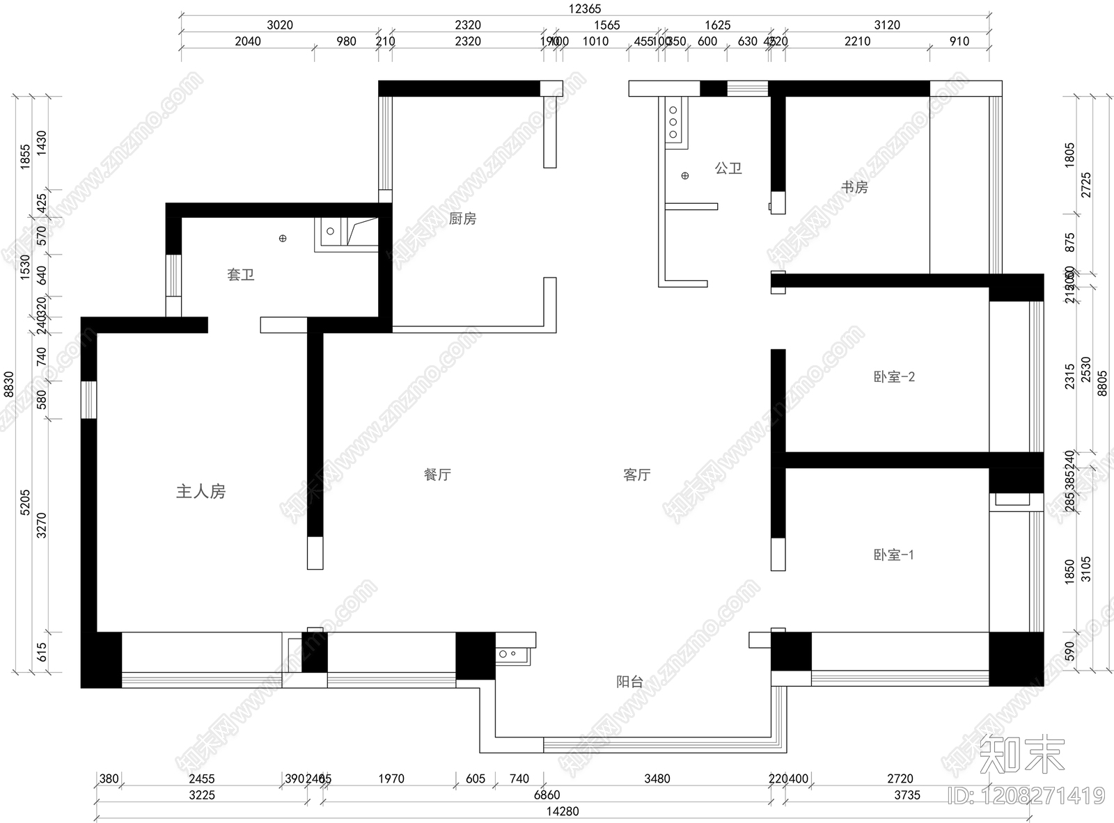 小户型平层cad施工图下载【ID:1208271419】