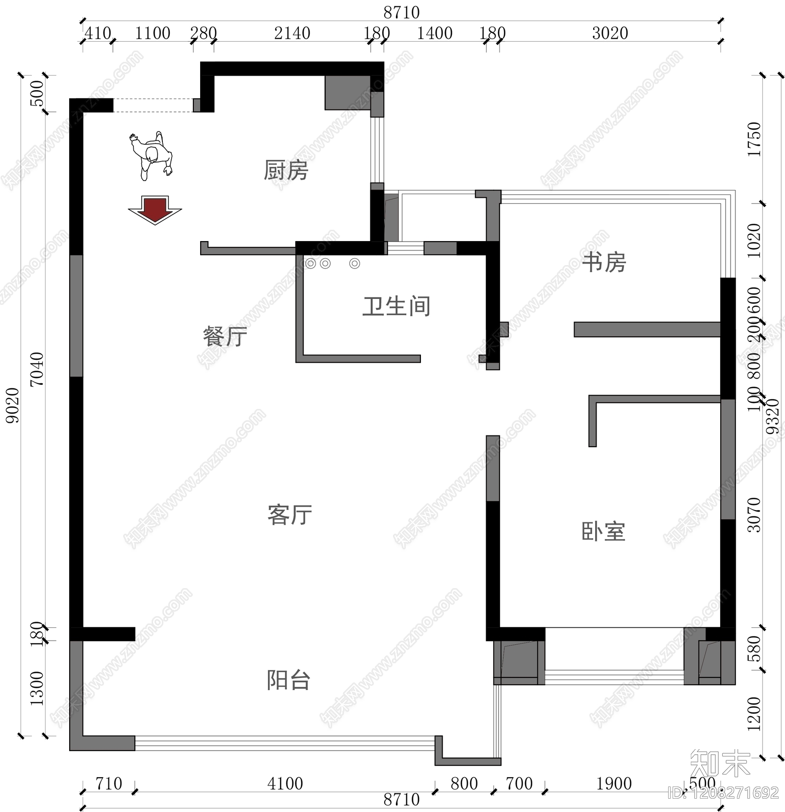 小户型平层cad施工图下载【ID:1208271692】
