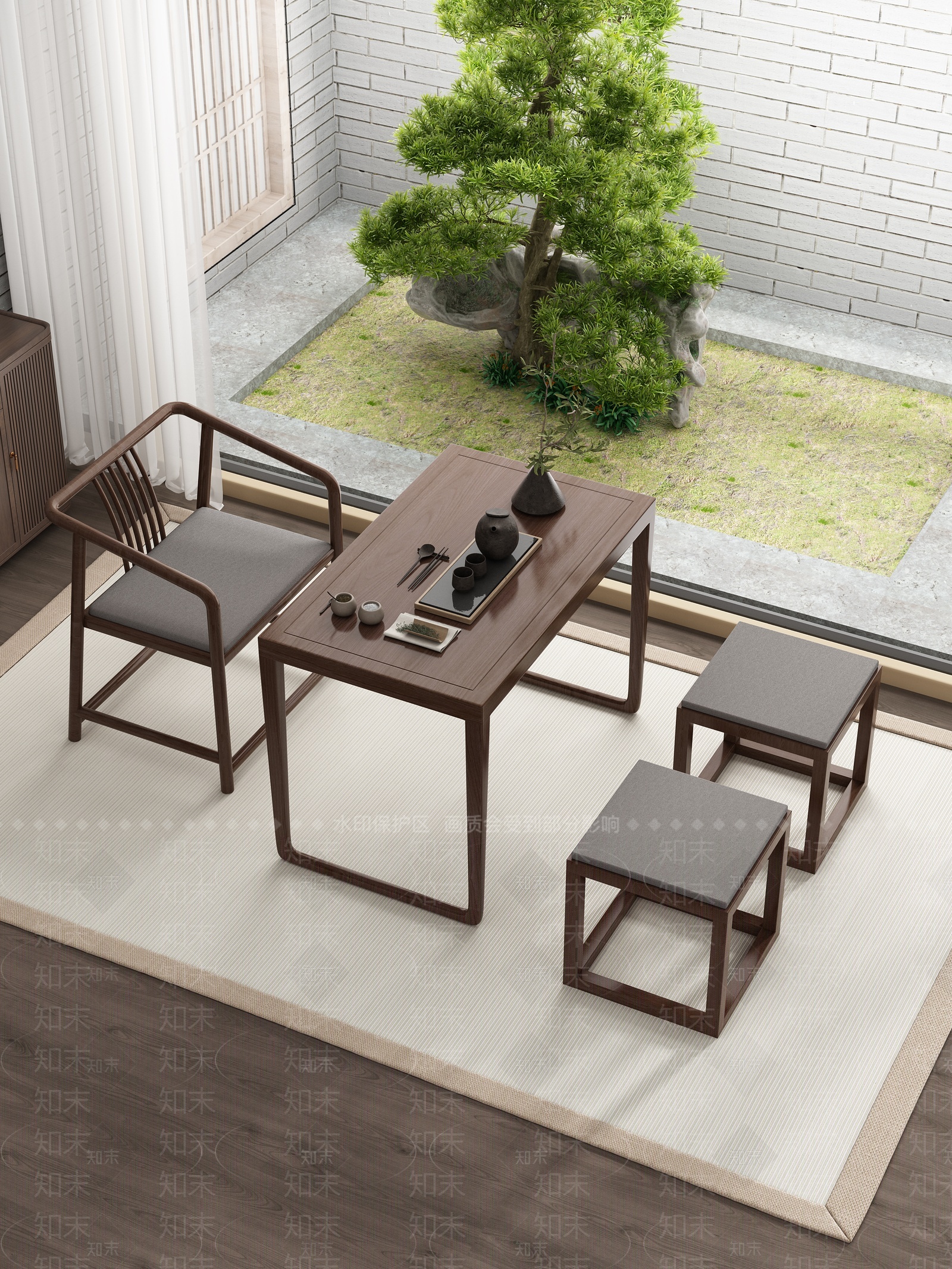 新中式茶桌椅组合3D模型下载【ID:1208282951】