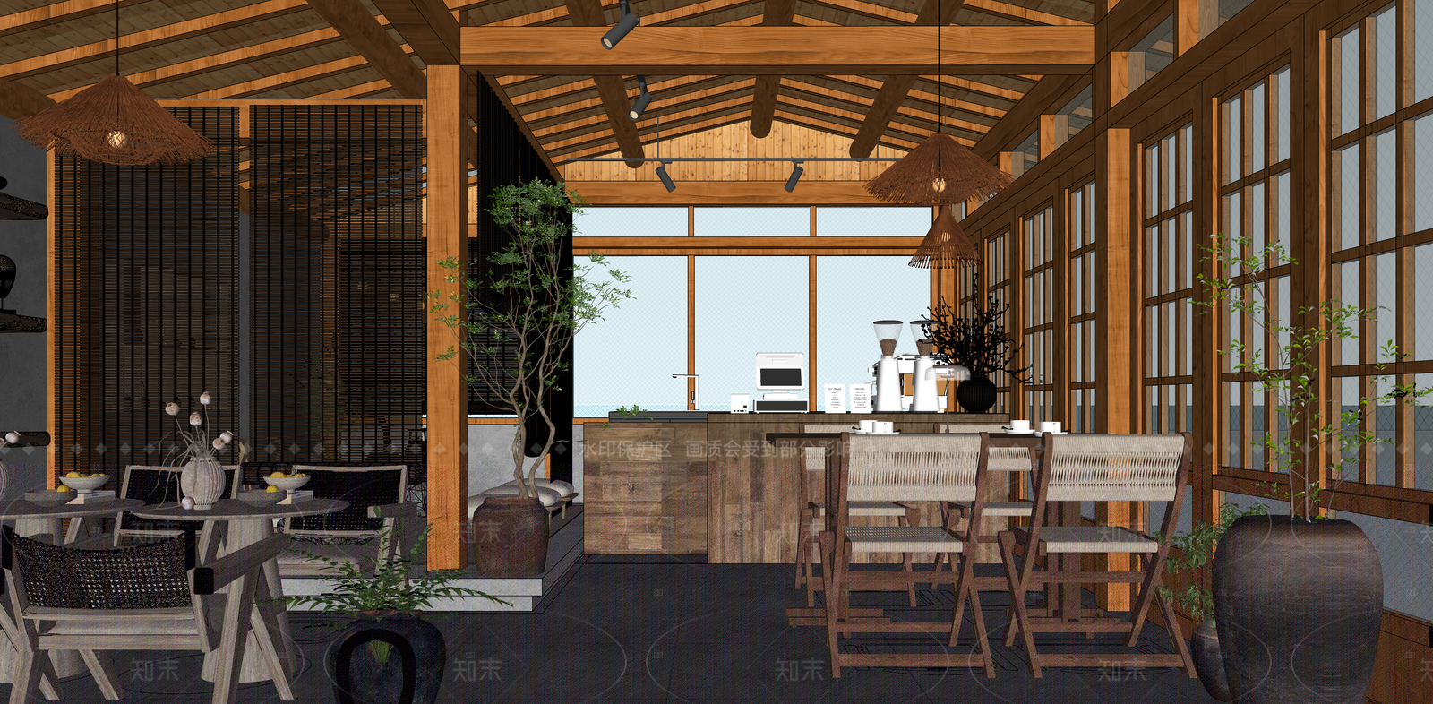 侘寂原木咖啡厅SU模型下载【ID:1208283671】