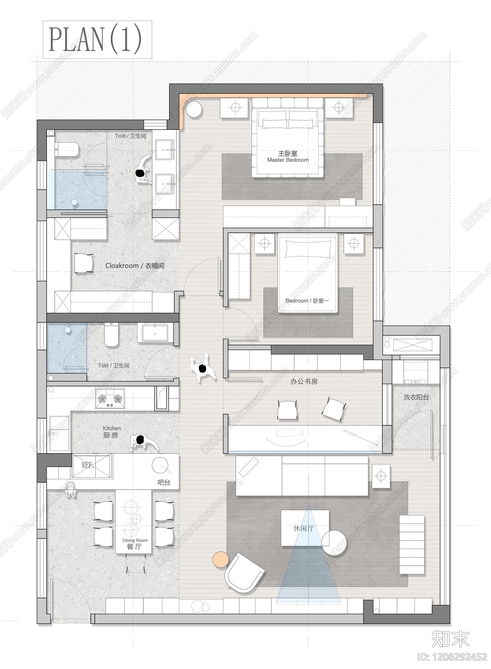 小户型平层cad施工图下载【ID:1208292452】