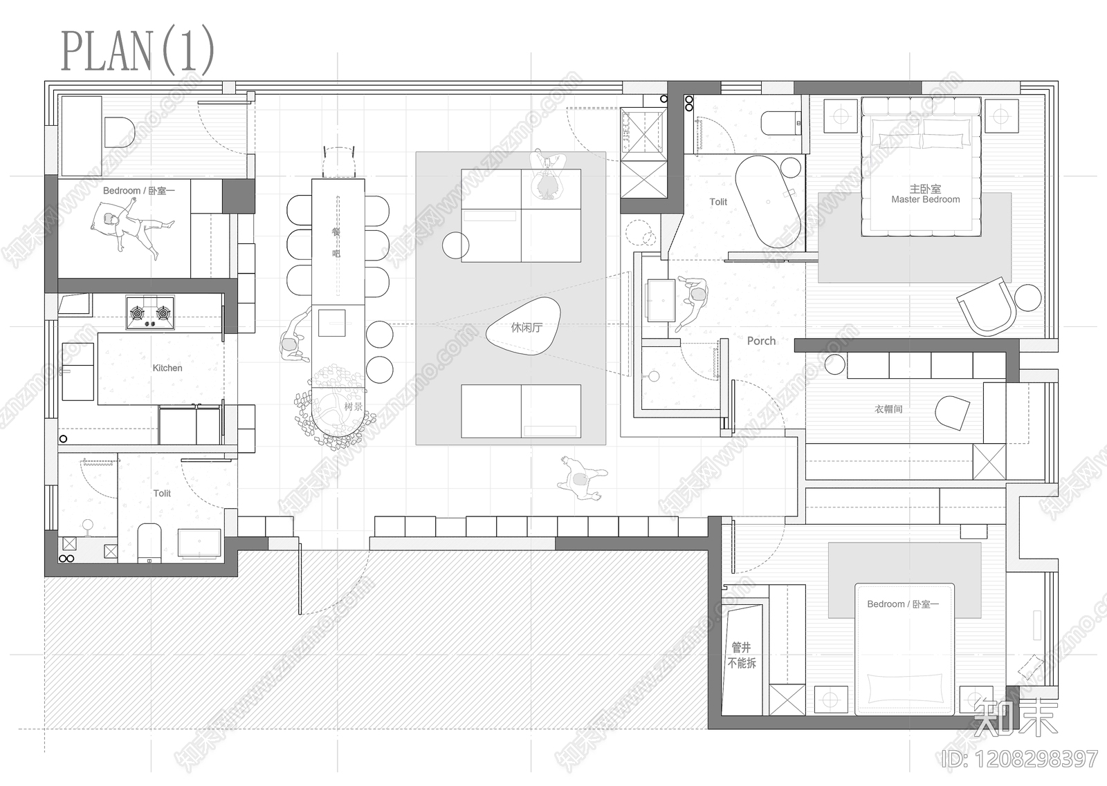 小户型平层cad施工图下载【ID:1208298397】