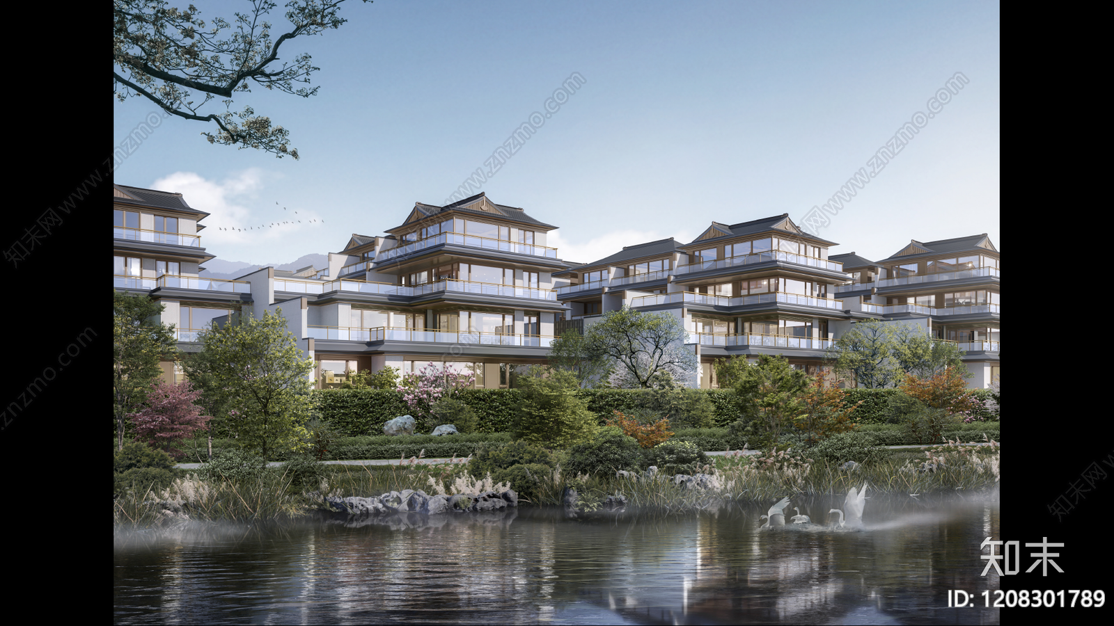 现代新中式别墅建筑下载【ID:1208301789】