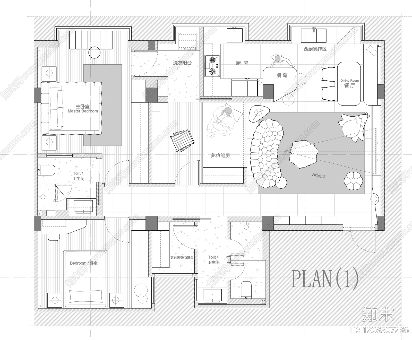 小户型平层cad施工图下载【ID:1208307236】