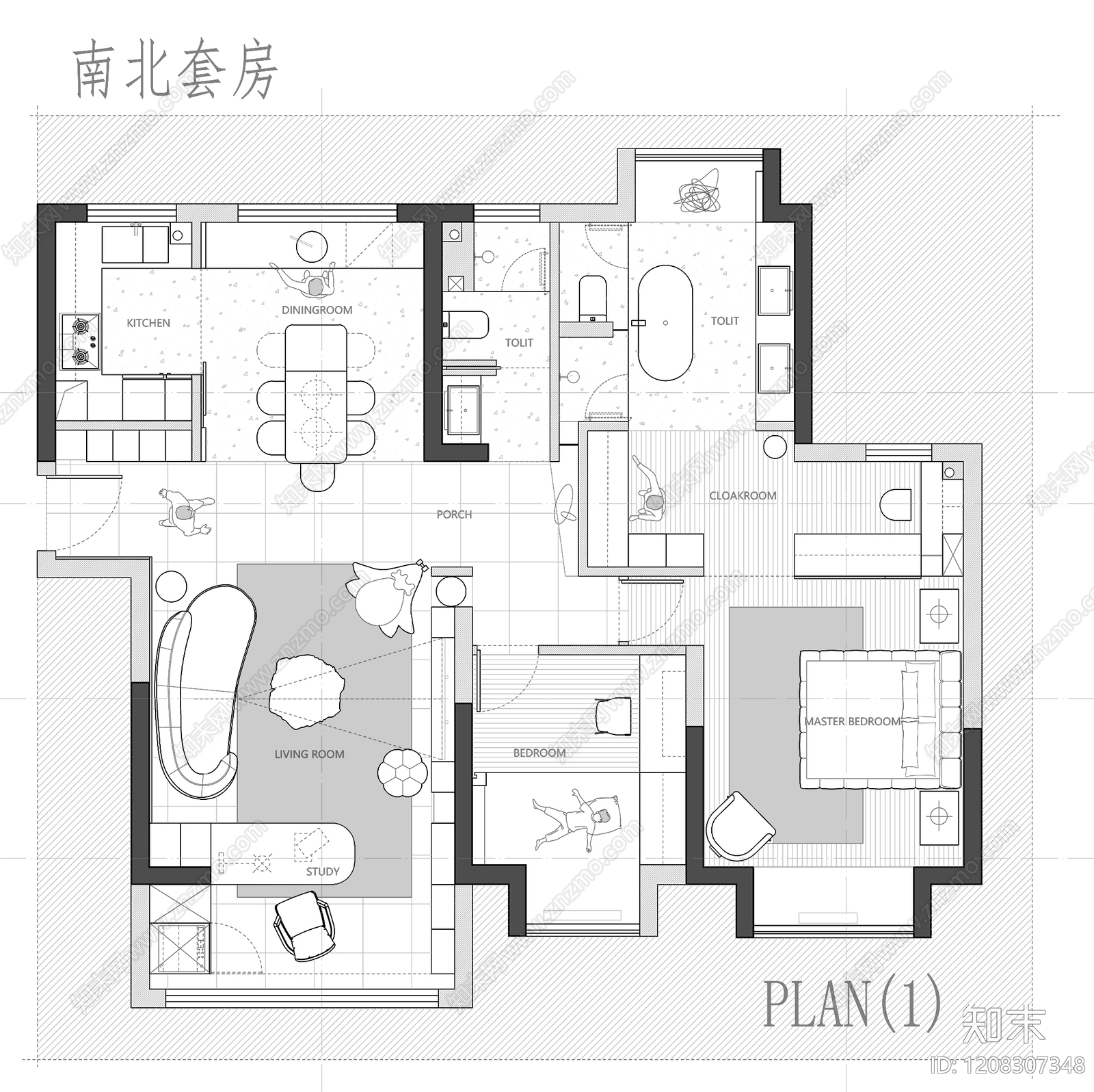 小户型平层cad施工图下载【ID:1208307348】