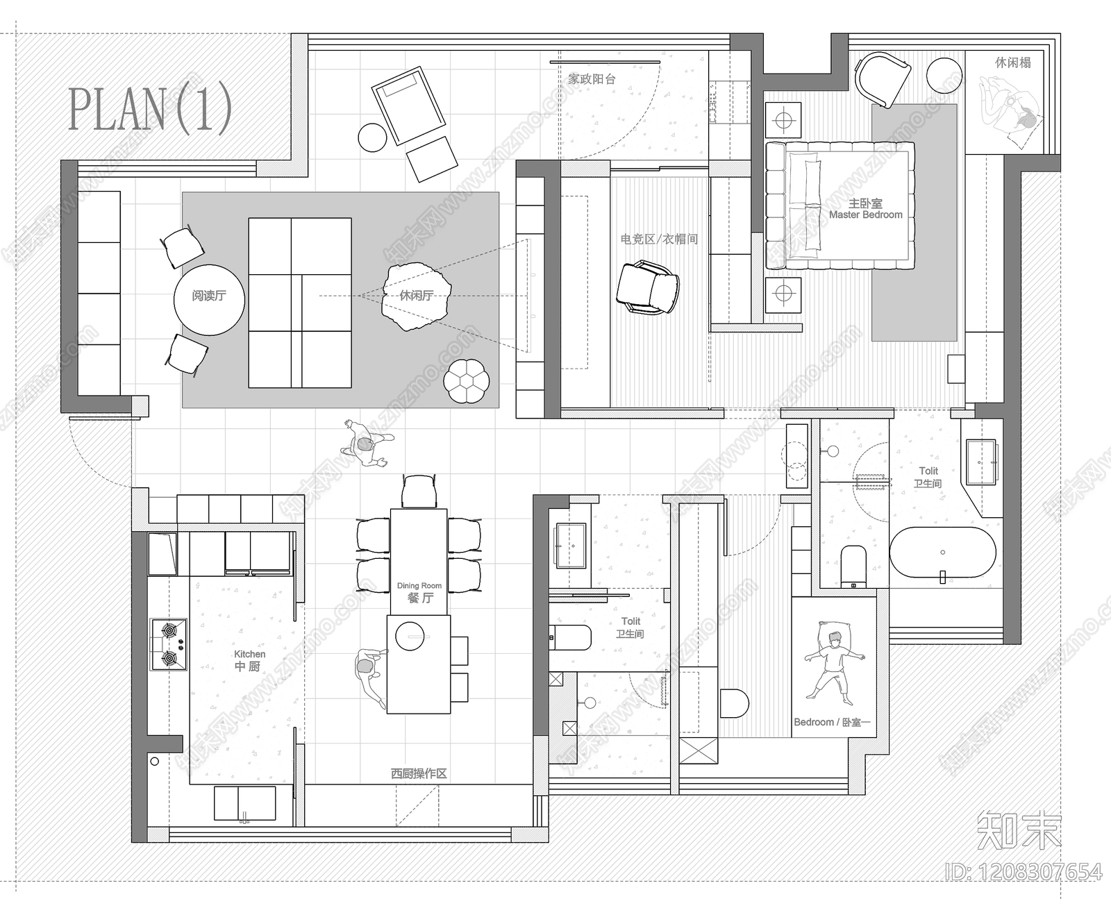 小户型平层cad施工图下载【ID:1208307654】