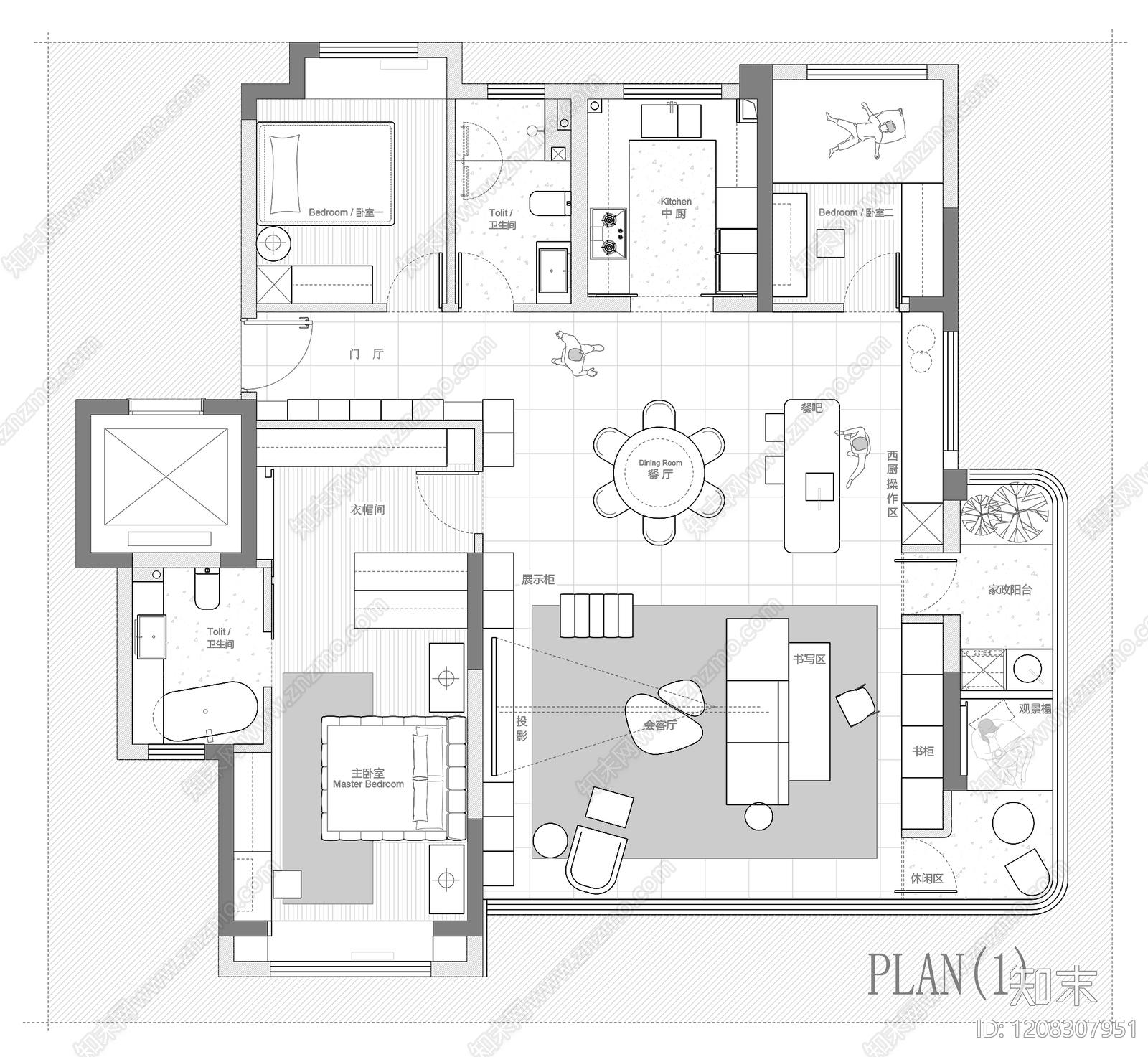 小户型平层cad施工图下载【ID:1208307951】