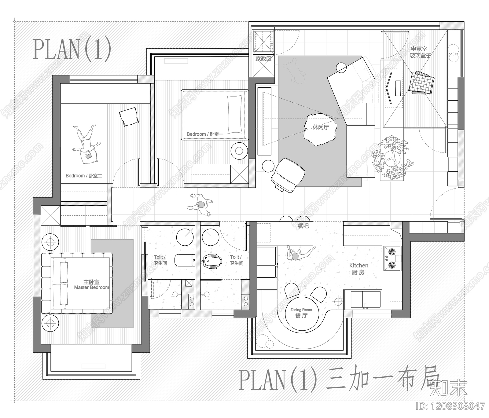小户型平层cad施工图下载【ID:1208308047】