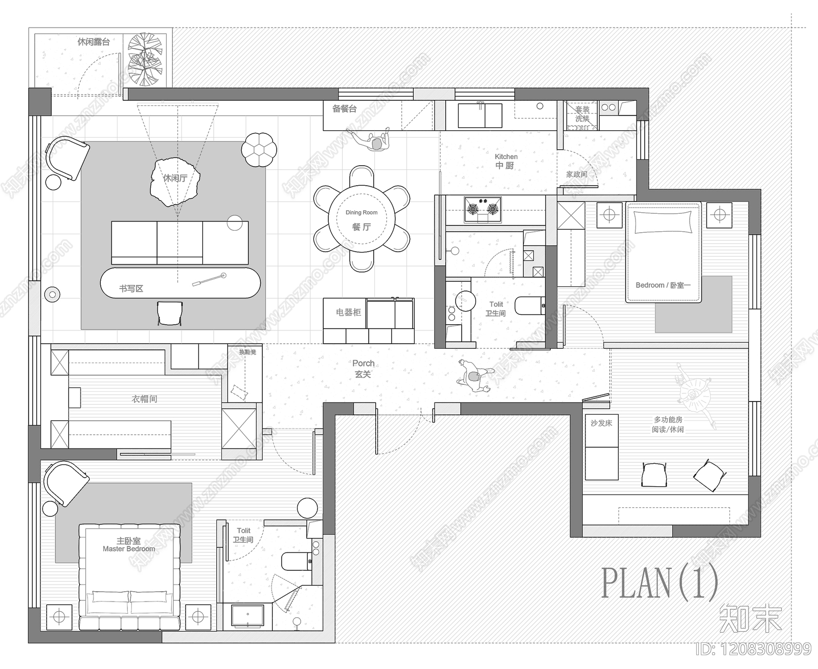 小户型平层cad施工图下载【ID:1208308999】