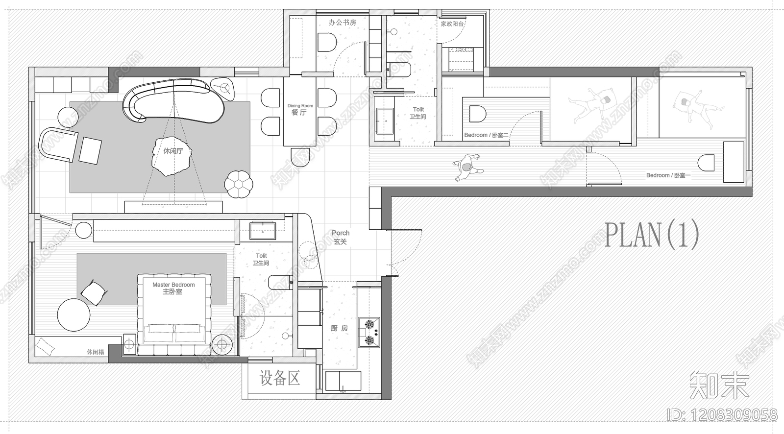 小户型平层cad施工图下载【ID:1208309058】