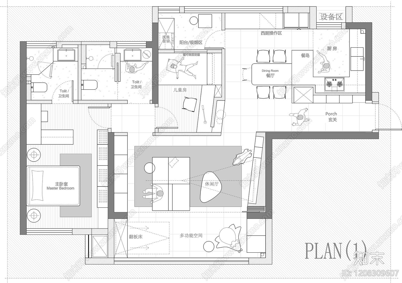 小户型平层cad施工图下载【ID:1208309607】