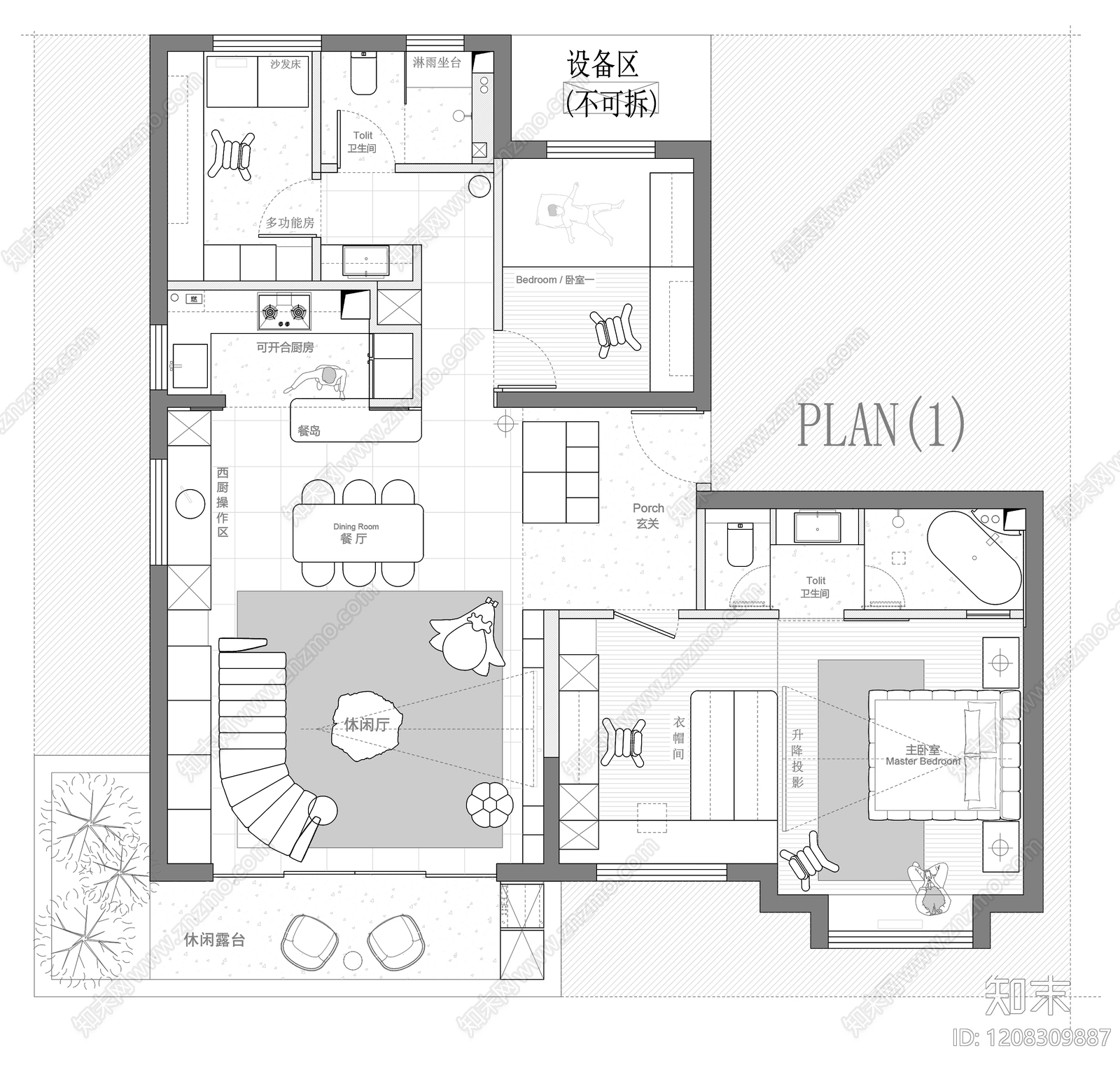 小户型平层cad施工图下载【ID:1208309887】