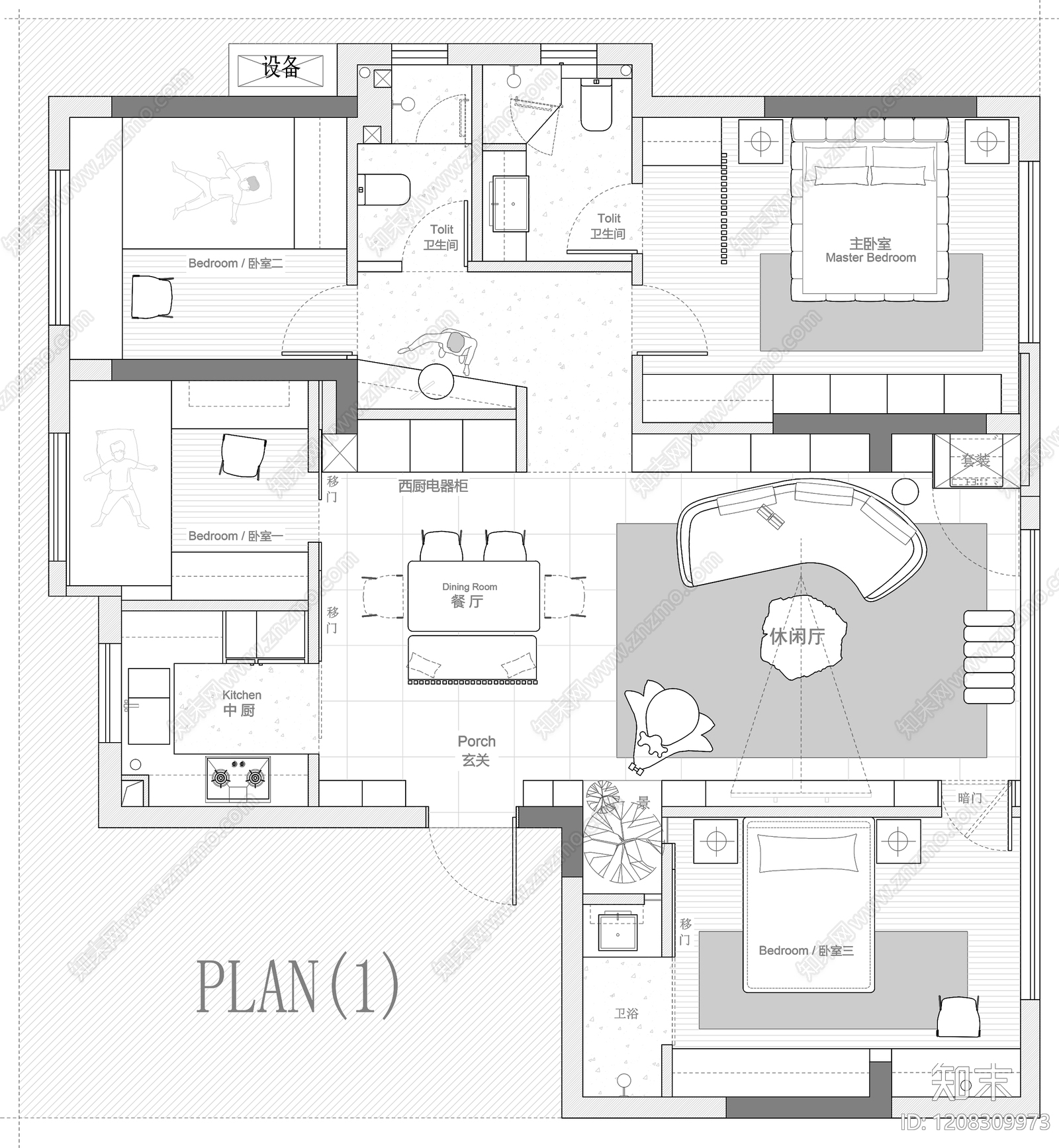 小户型平层cad施工图下载【ID:1208309973】