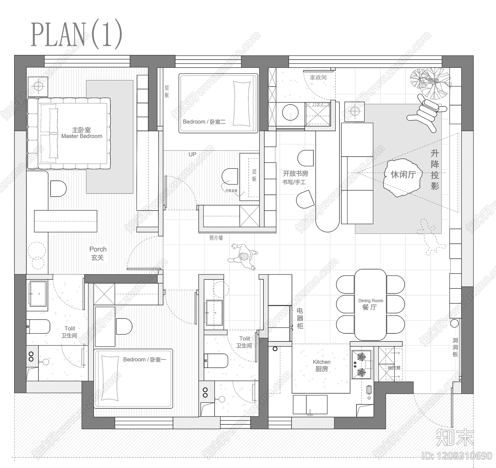 小户型平层cad施工图下载【ID:1208310690】