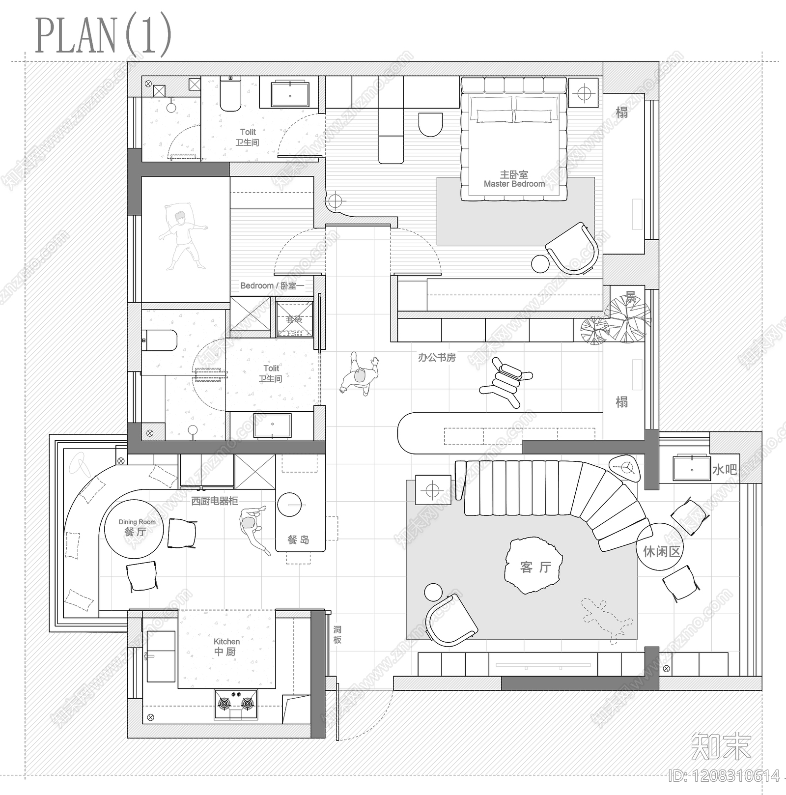 小户型平层cad施工图下载【ID:1208310614】